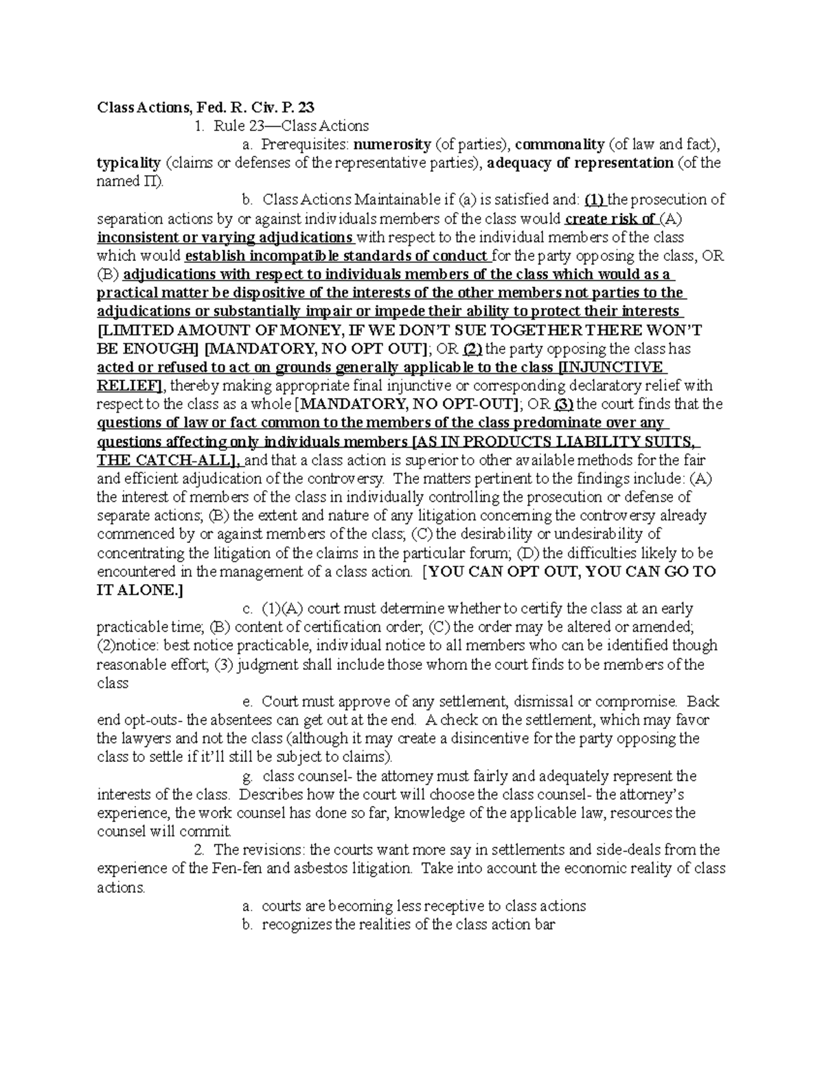 Civil Procedure Law Outline 13 Class Actions, Fed. R. Civ. P. 23 1