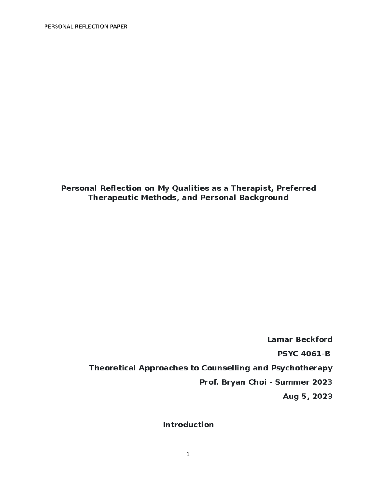 Personal Paper - Personal Reflection on My Qualities as a Therapist ...