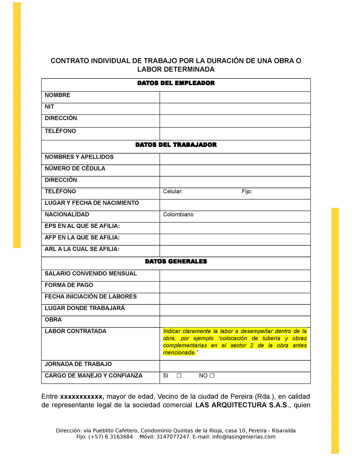 513900744 Modelo De Contrato De Obra Por Labor Determinada Contrato Individual De Trabajo Por 1366