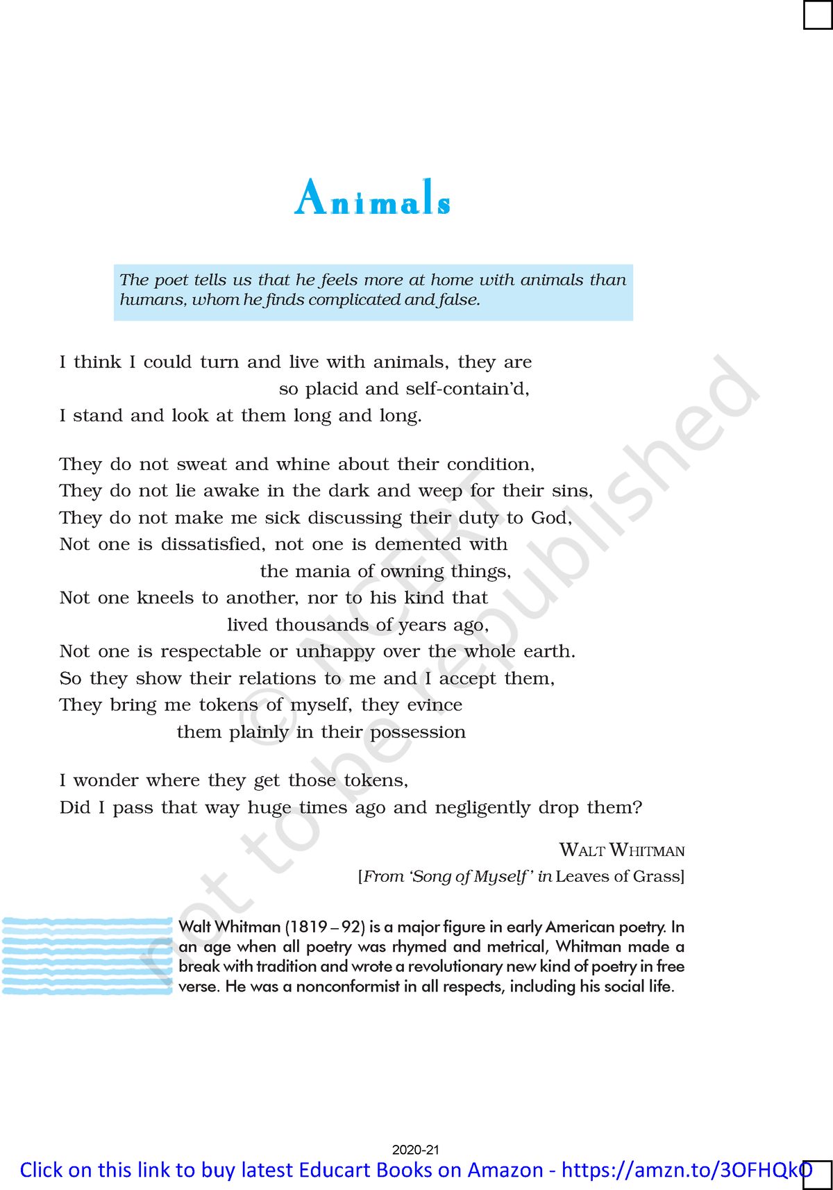 Poem 7 Animals - notes - AnimalsAnimalsAnimalsAnimalsAnimals The poet tells  us that he feels more at - Studocu