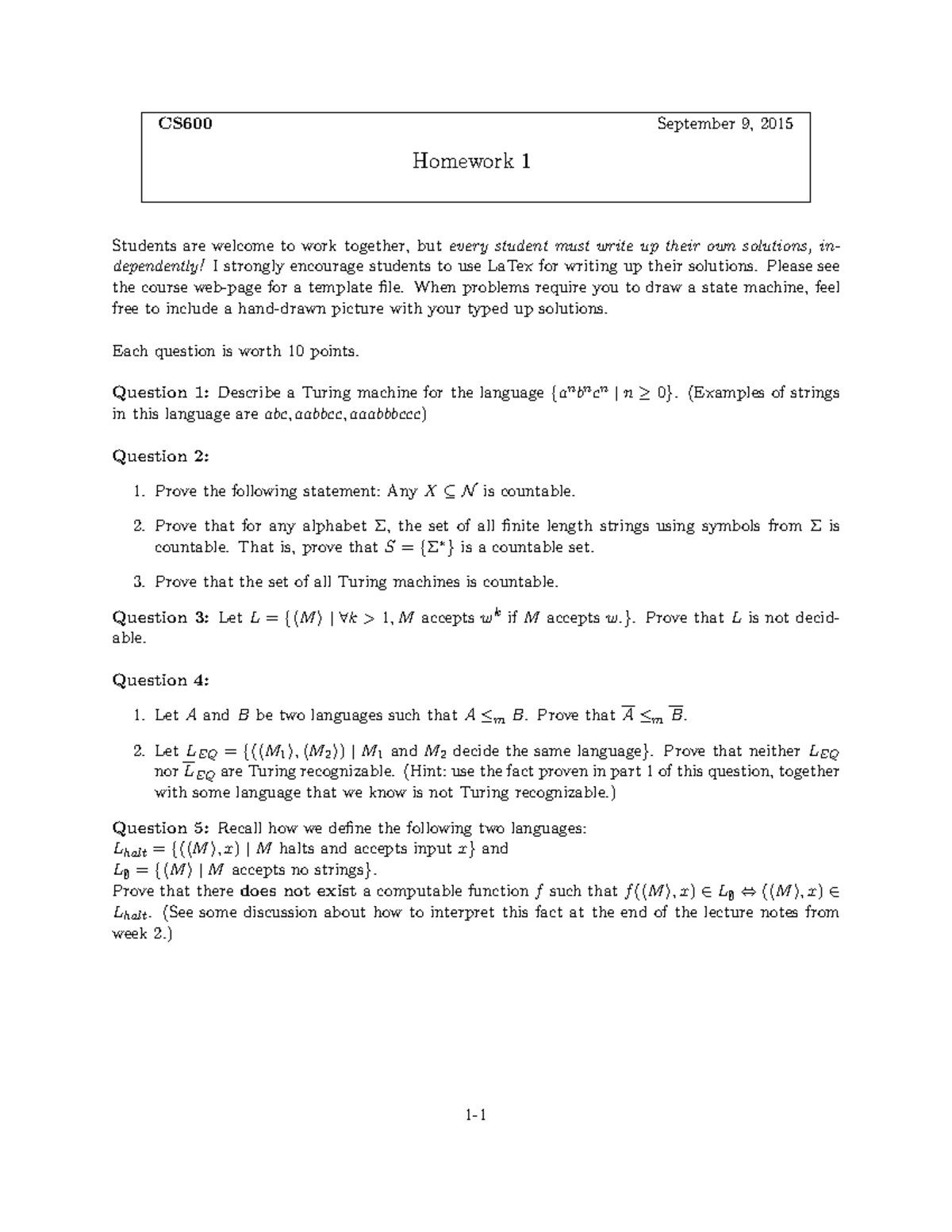 Hw1 - Homework 01 Questions - CS600 September 9, 2015 Homework 1 ...