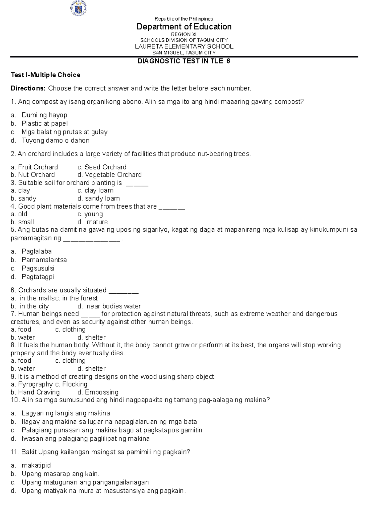 Diagnostic test Grade-6 - Republic of the Philippines Department of
