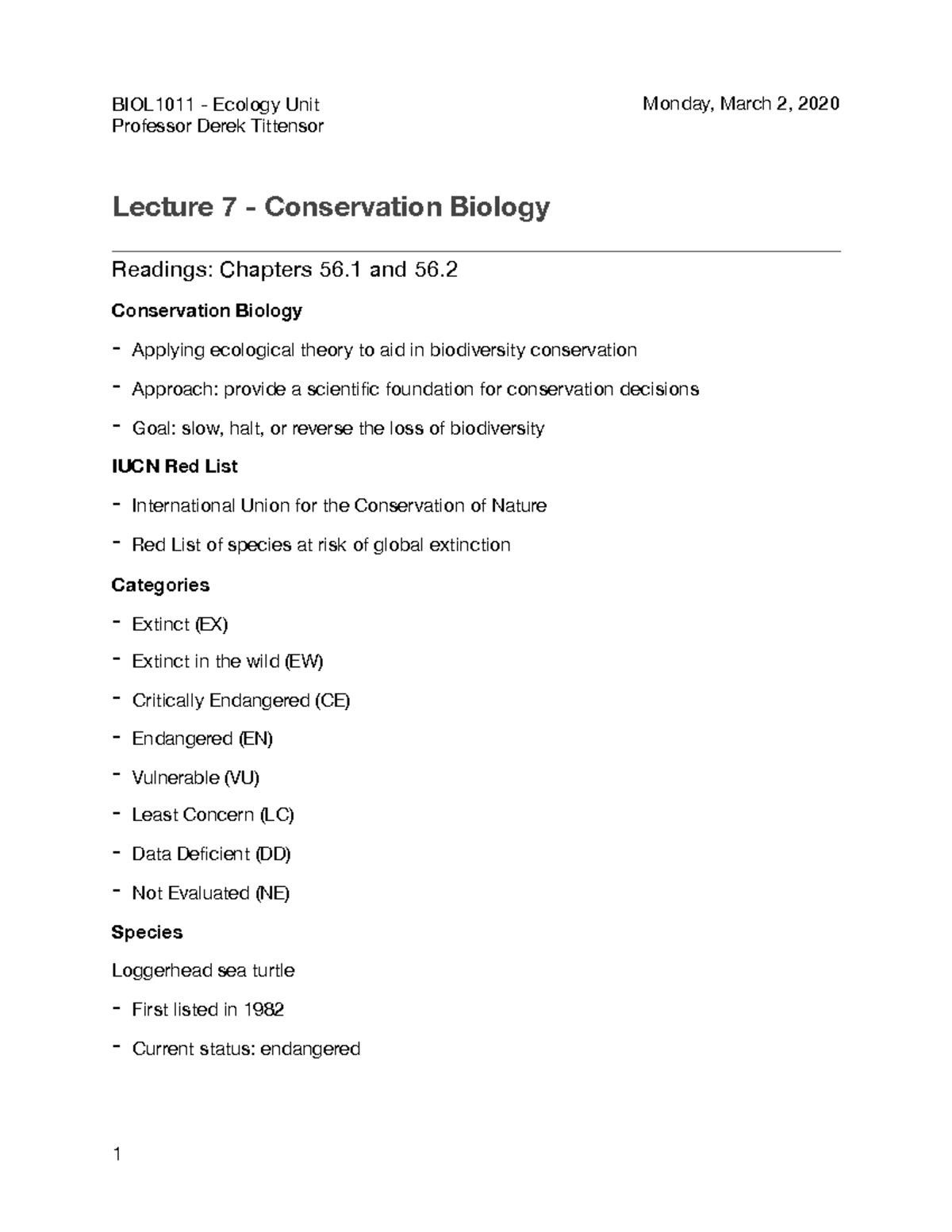 Unit 2 Lecture 7 - Conservation Biology - Professor Derek Tittensor ...