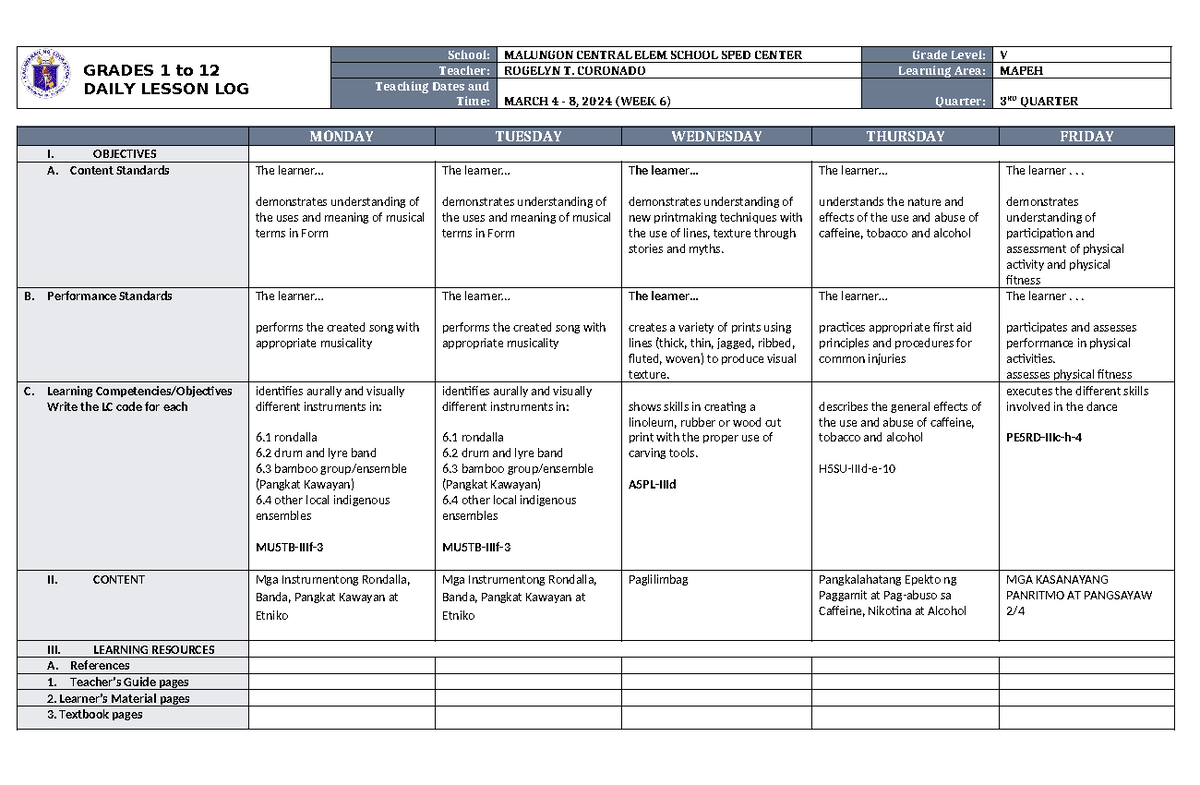 DLL Mapeh 5 Q3 W6 - this is dll - GRADES 1 to 12 DAILY LESSON LOG ...