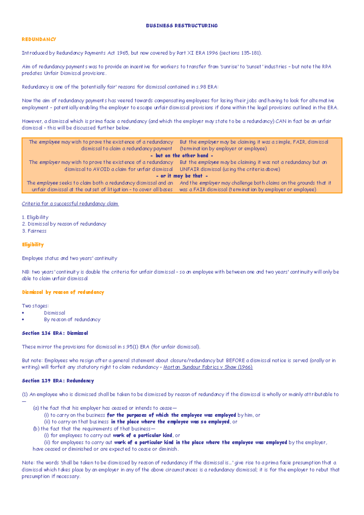 Llb employment revision notes 2 - BUSINESS RESTRUCTURING REDUNDANCY ...