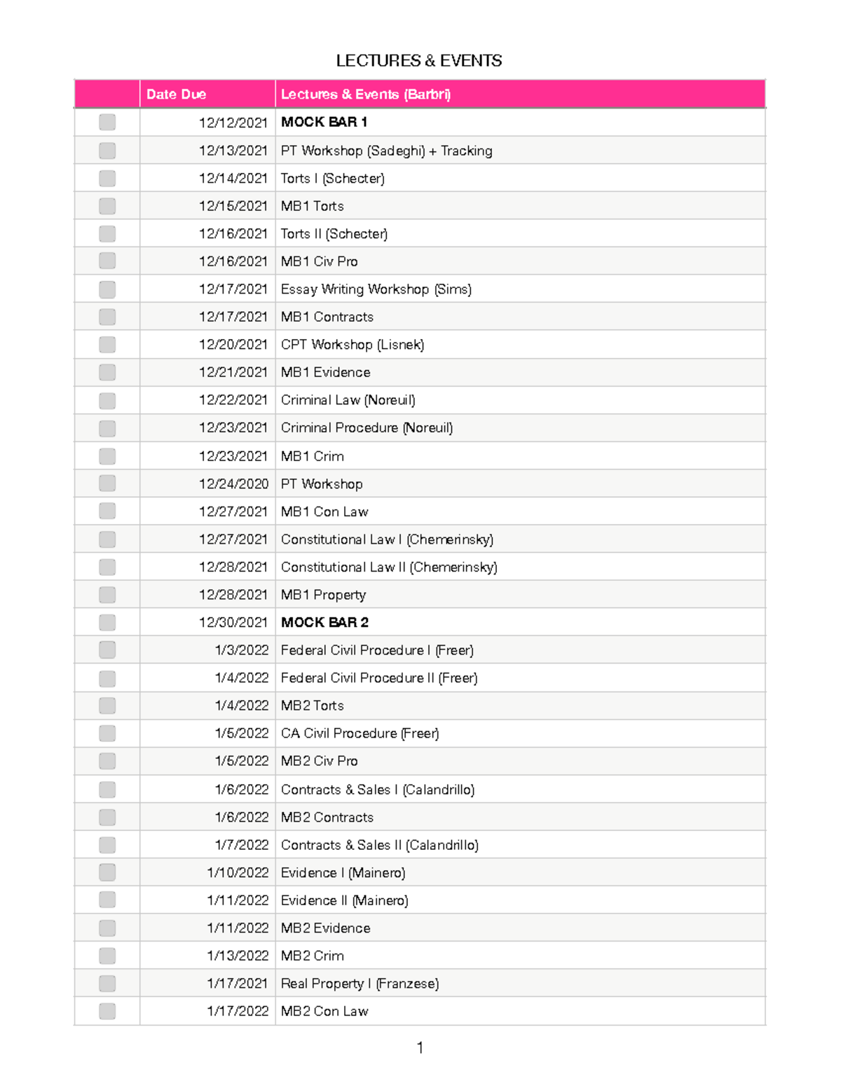 Master Checklists - Barbri Bar Prep Assignments - LECTURES & EVENTS ...