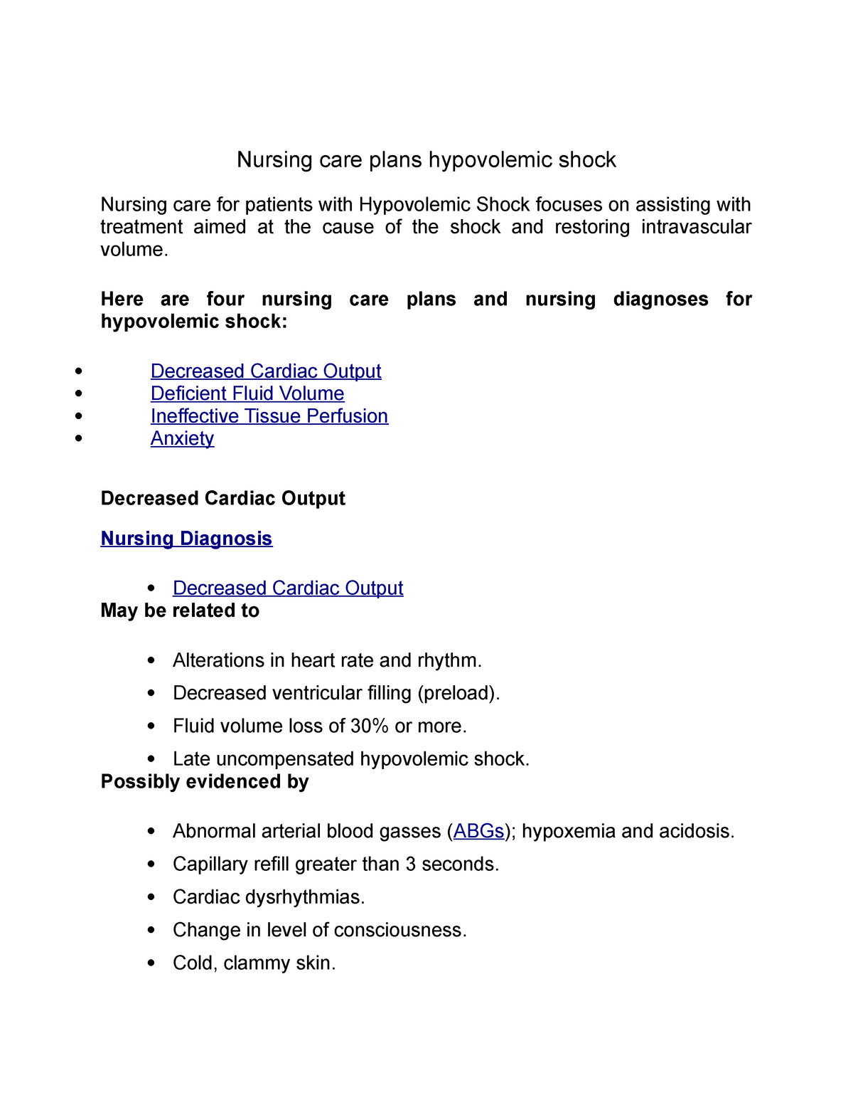 Nursing care plans hypovolemic shock - NUR30C - SPC - StuDocu