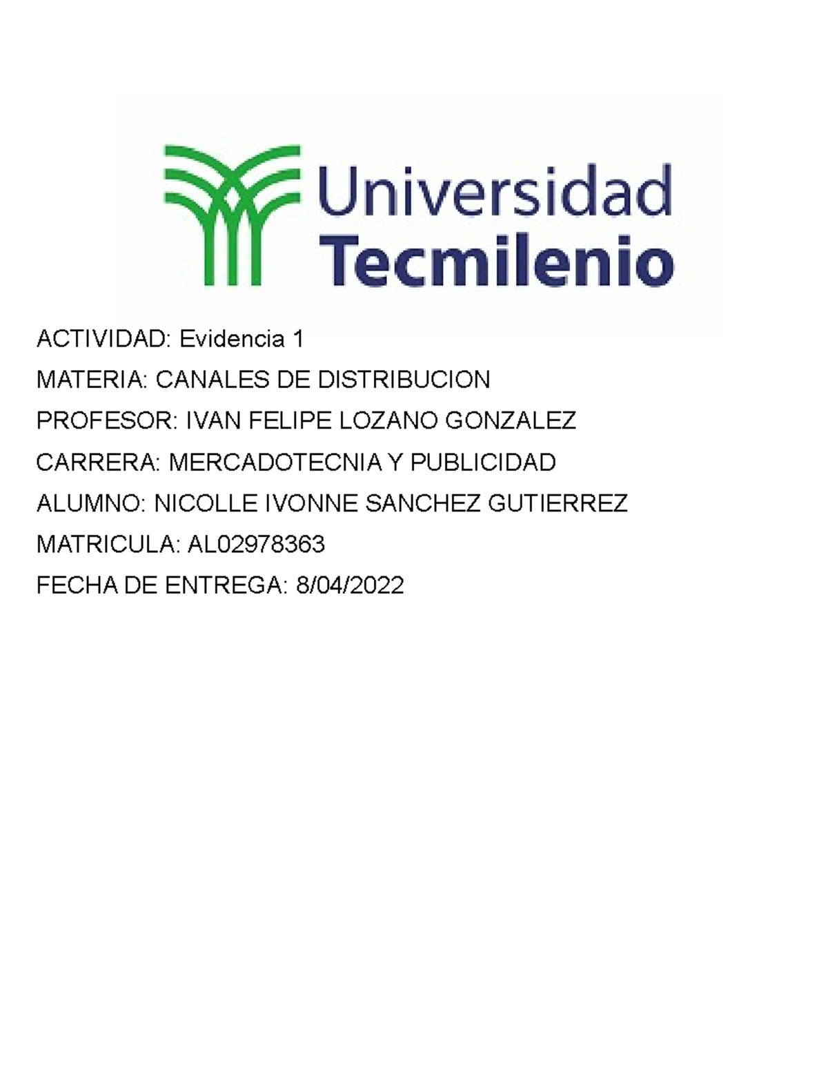 Evidencia 1 , canales de distribucion - ACTIVIDAD: Evidencia 1 MATERIA ...