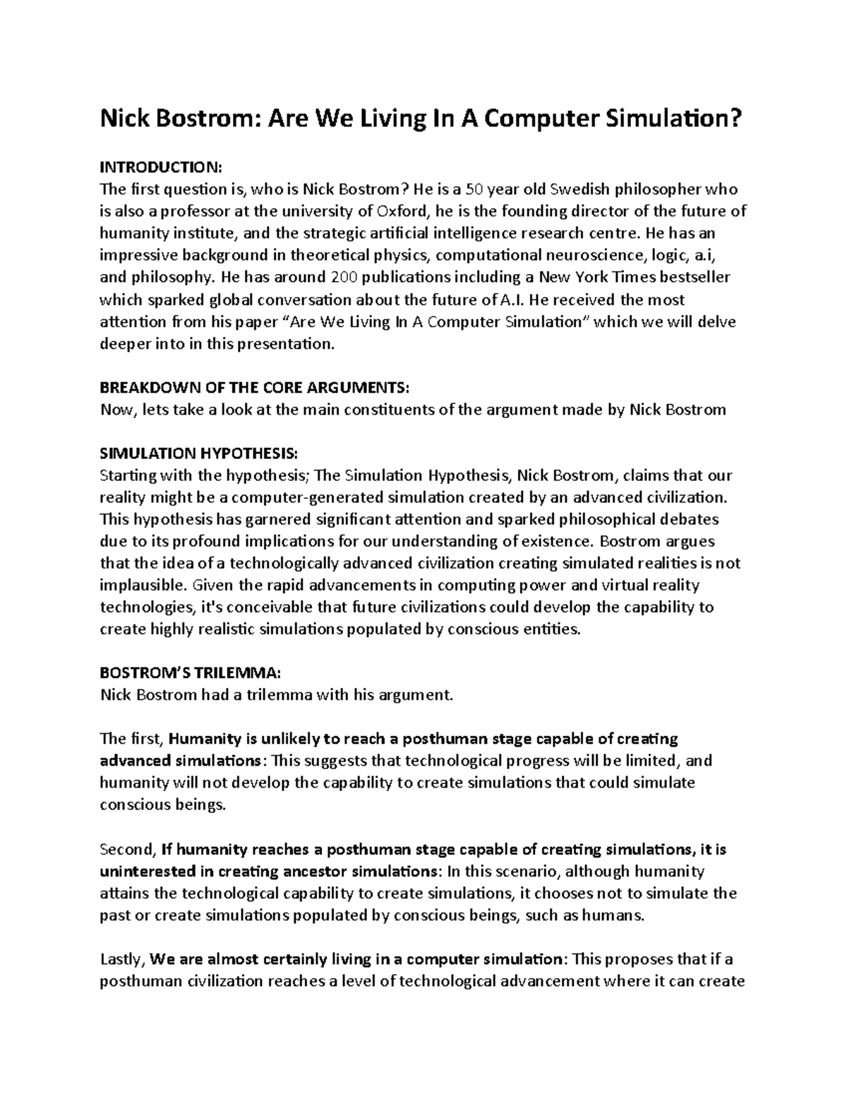 Tutorial presentation - Nick Bostrom: Are We Living In A Computer ...