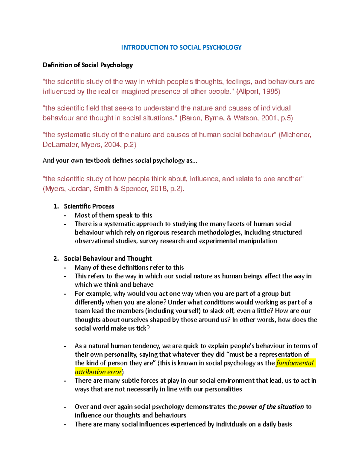 Lesson 1 - Lecture notes 1 - INTRODUCTION TO SOCIAL PSYCHOLOGY ...
