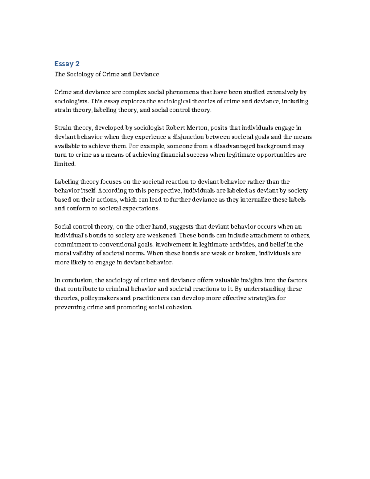 Essay 2 - Essay 2 The Sociology of Crime and Deviance Crime and ...