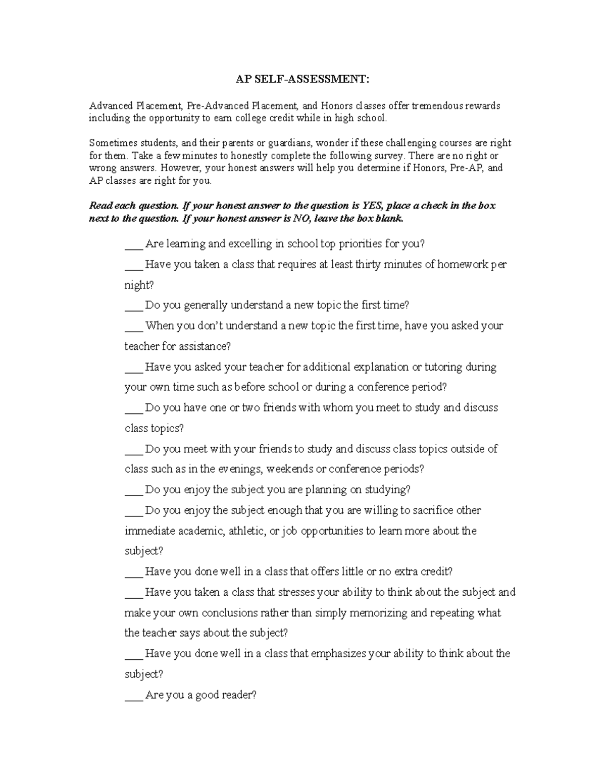 AP Self Assessment - yukatan - AP SELF-ASSESSMENT: Advanced Placement ...