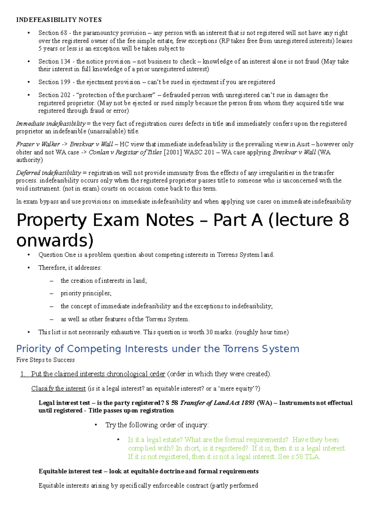 Property Law Exam notes 2018 INDEFEASIBILITY NOTES Section 68 the