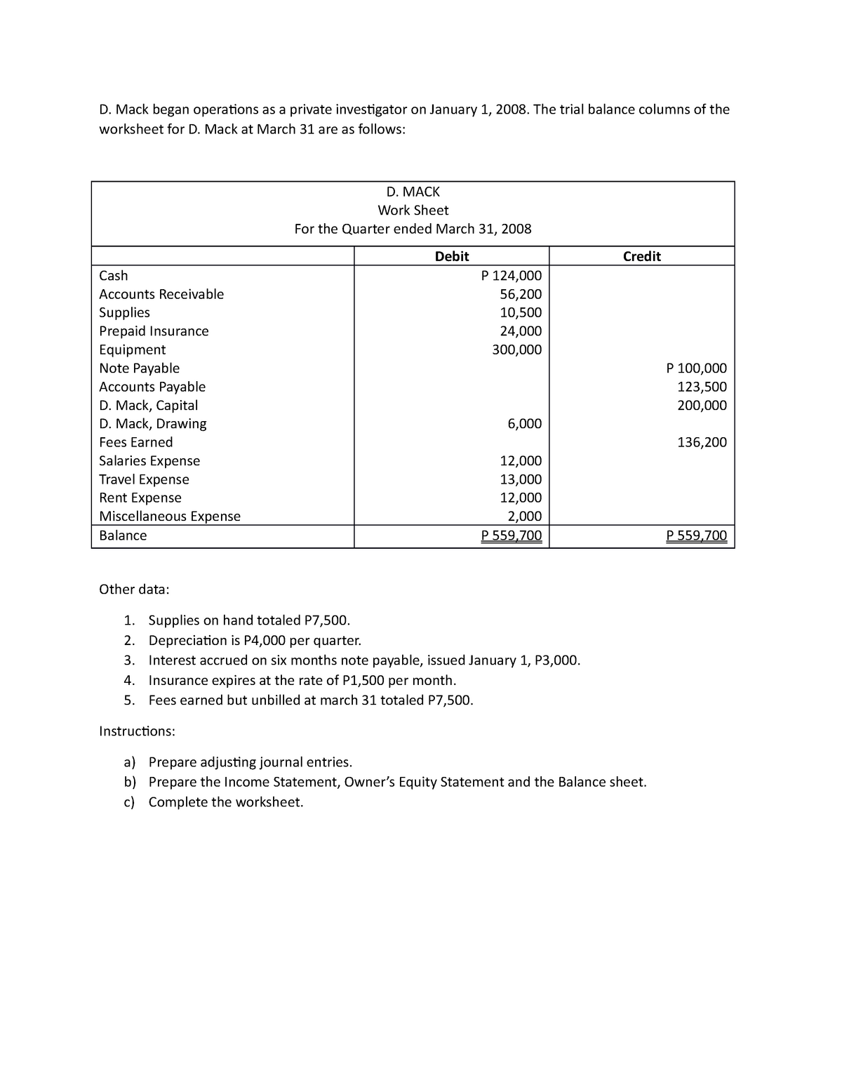 Worksheet - Assignment - D. Mack began operations as a private ...