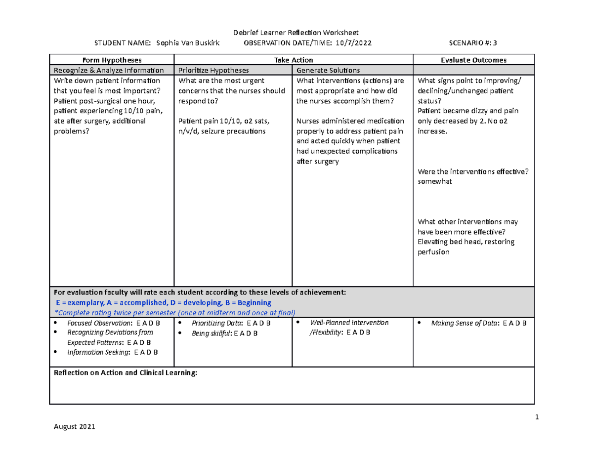 Debrief Learner Reflection Worksheet Student Copy1 digestion nutrition ...