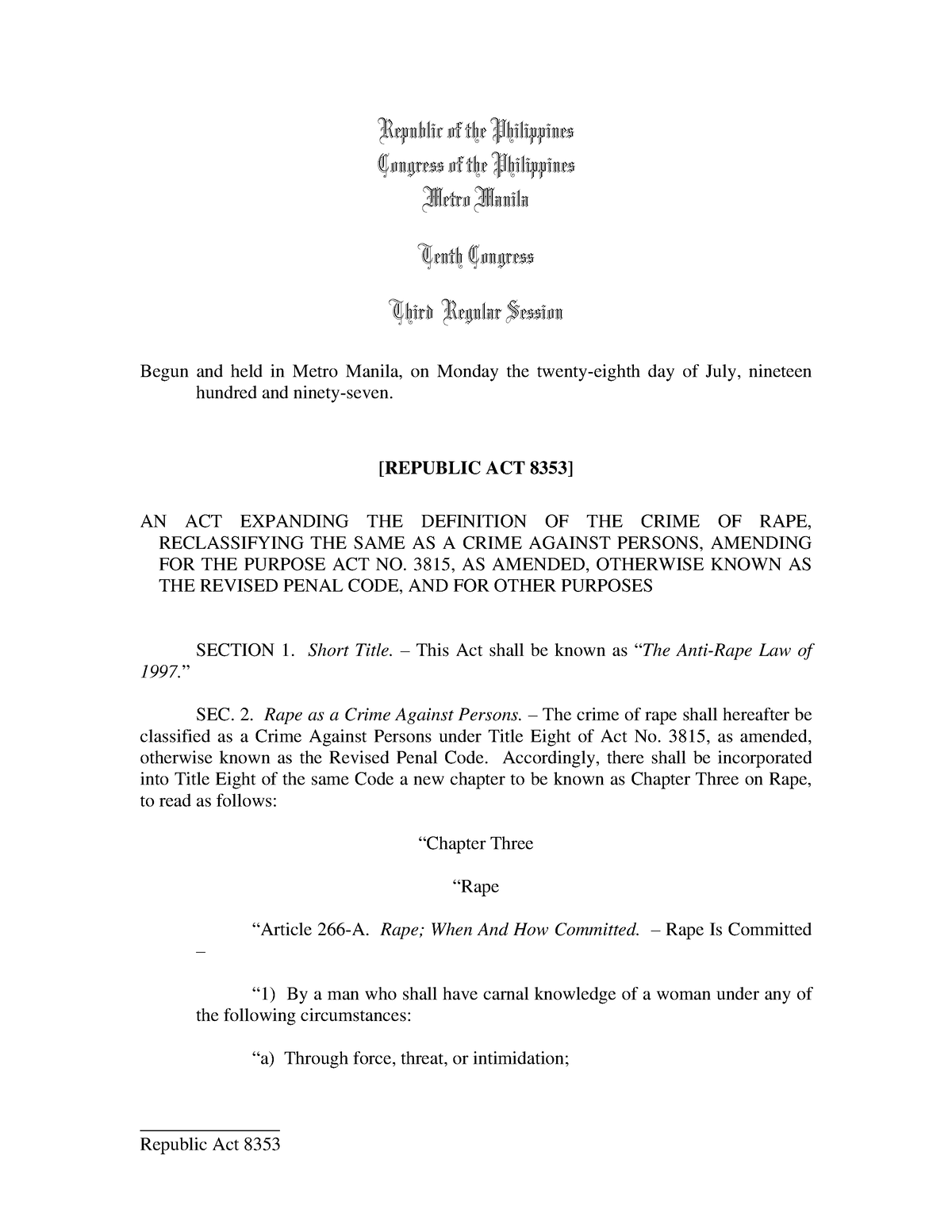 Republic Act 8353 - Reviewer - Republic Of The Philippines Congress Of ...