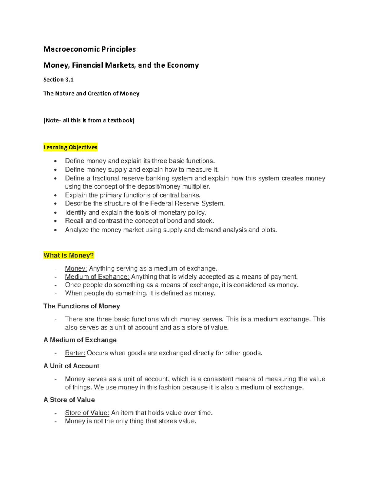 Macro 3.1 Notes - Macroeconomic Principles Money, Financial Markets ...