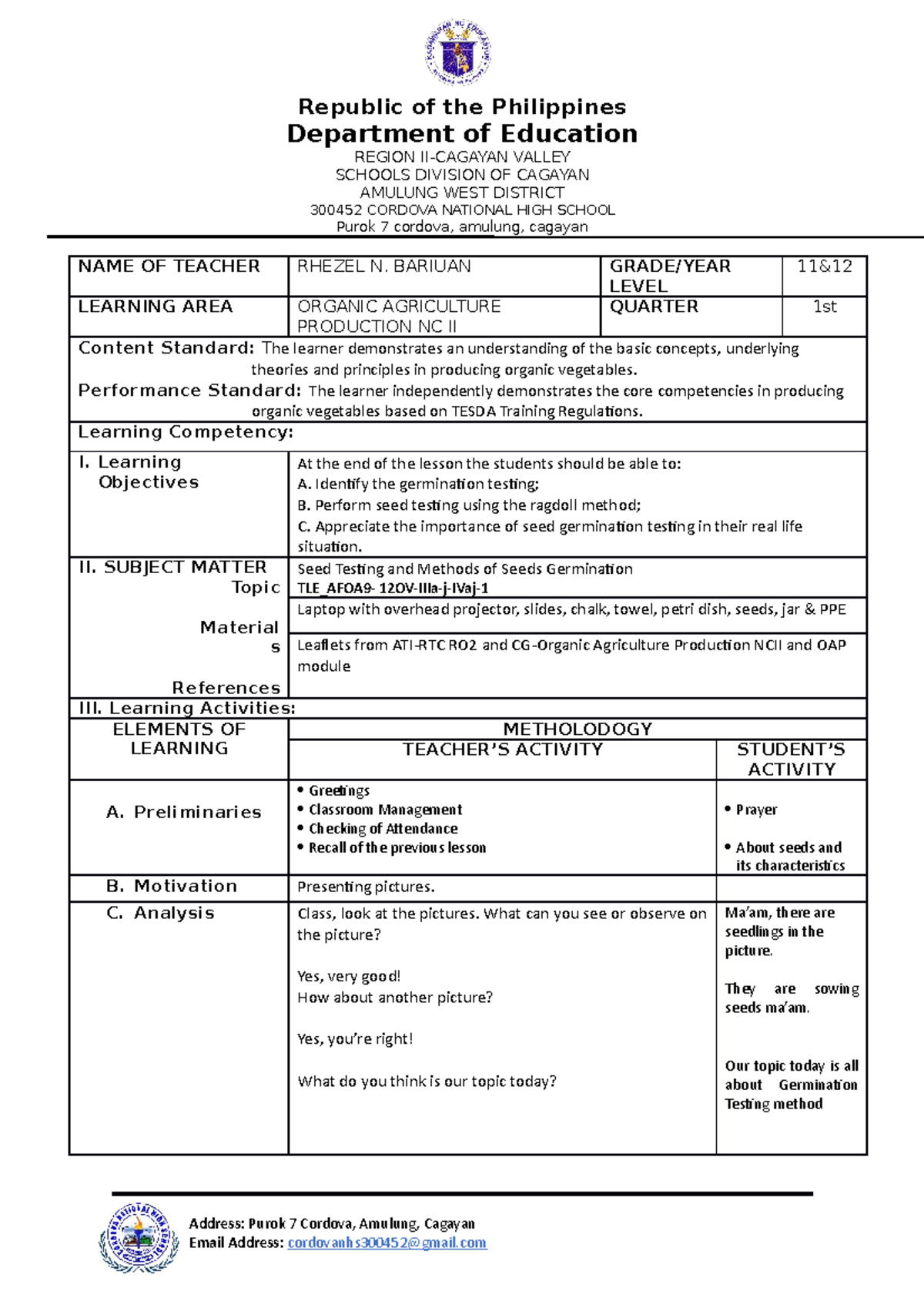 DLP seed germination Lesson Plan Department of Education REGION II