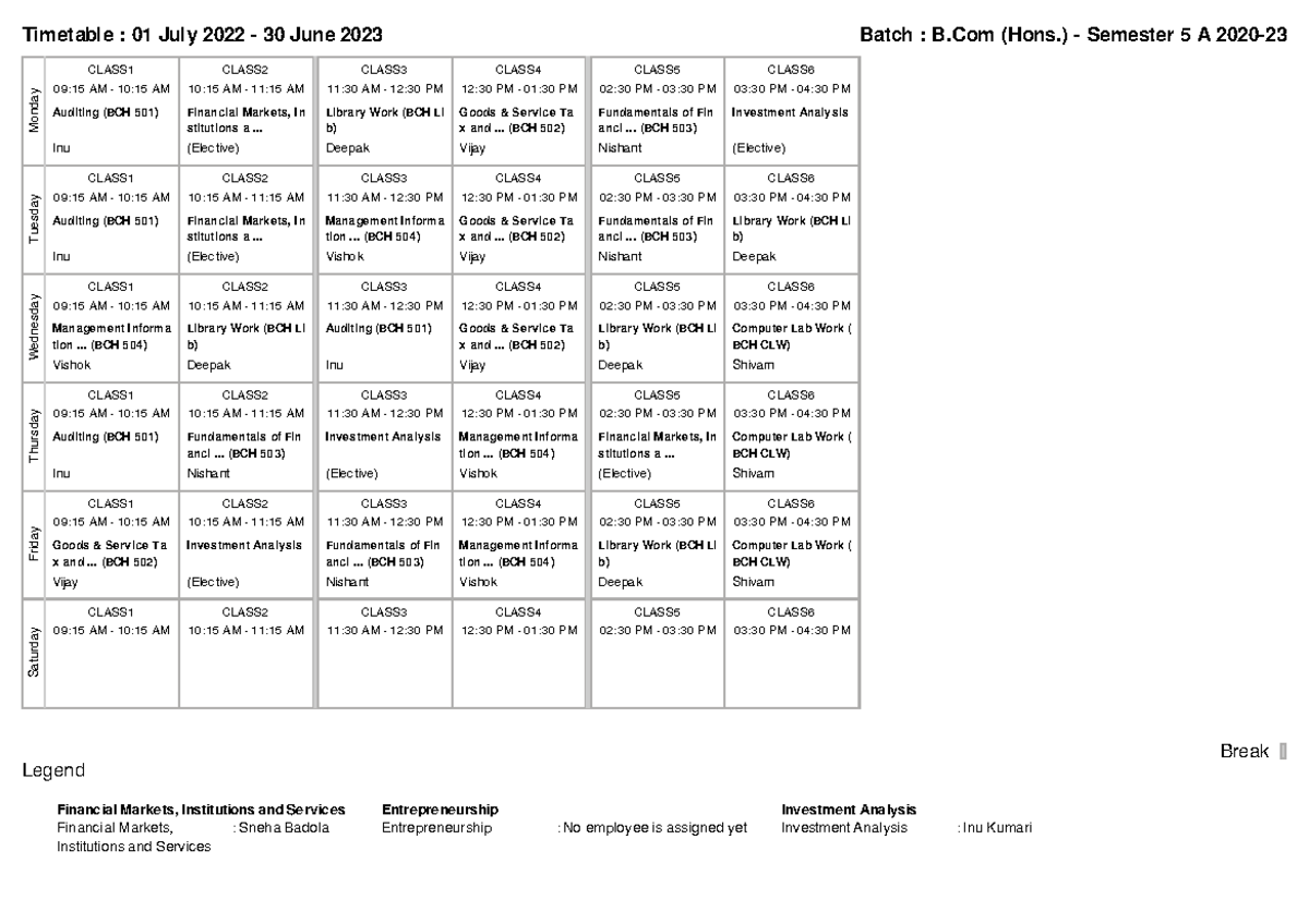 B.Com (Hons.) - Semester 5 A - Break Timetable : 01 July 2022 - 30 June