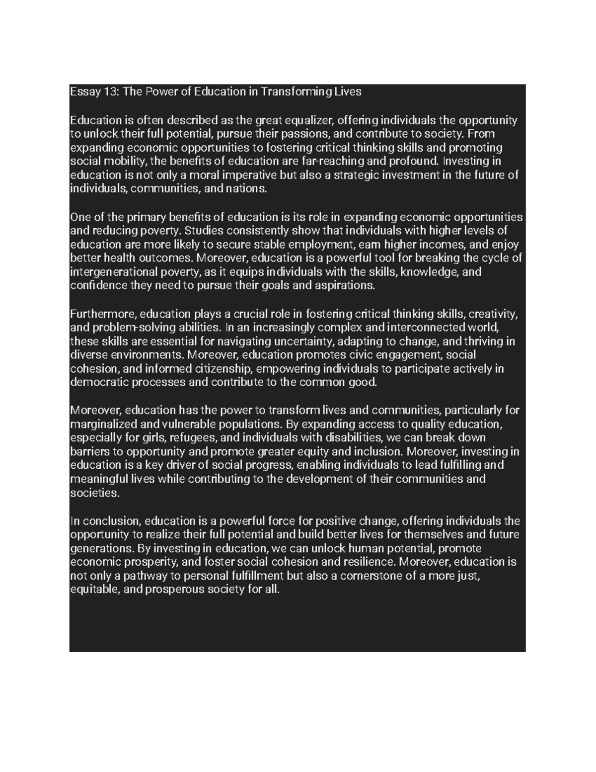 Essay 13 - Essay 13: The Power of Education in Transforming Lives ...