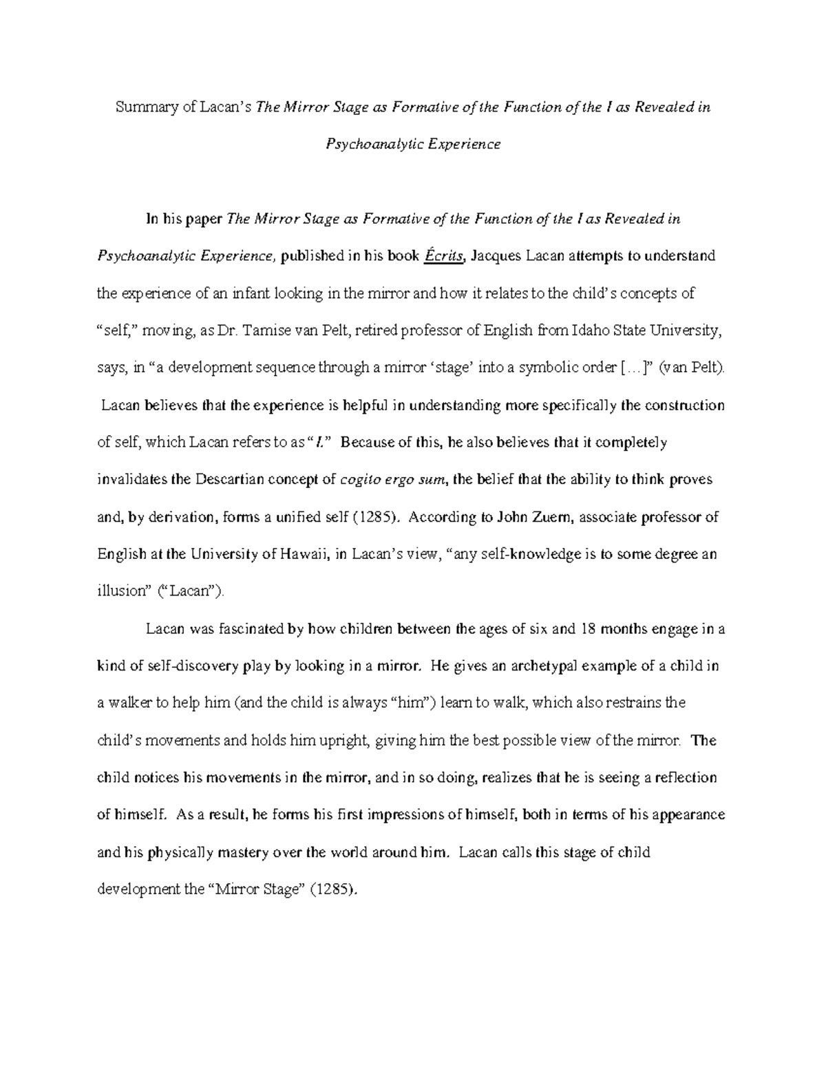 Lacon - good - Summary of Lacan?s The Mirror Stage as Formative of the ...