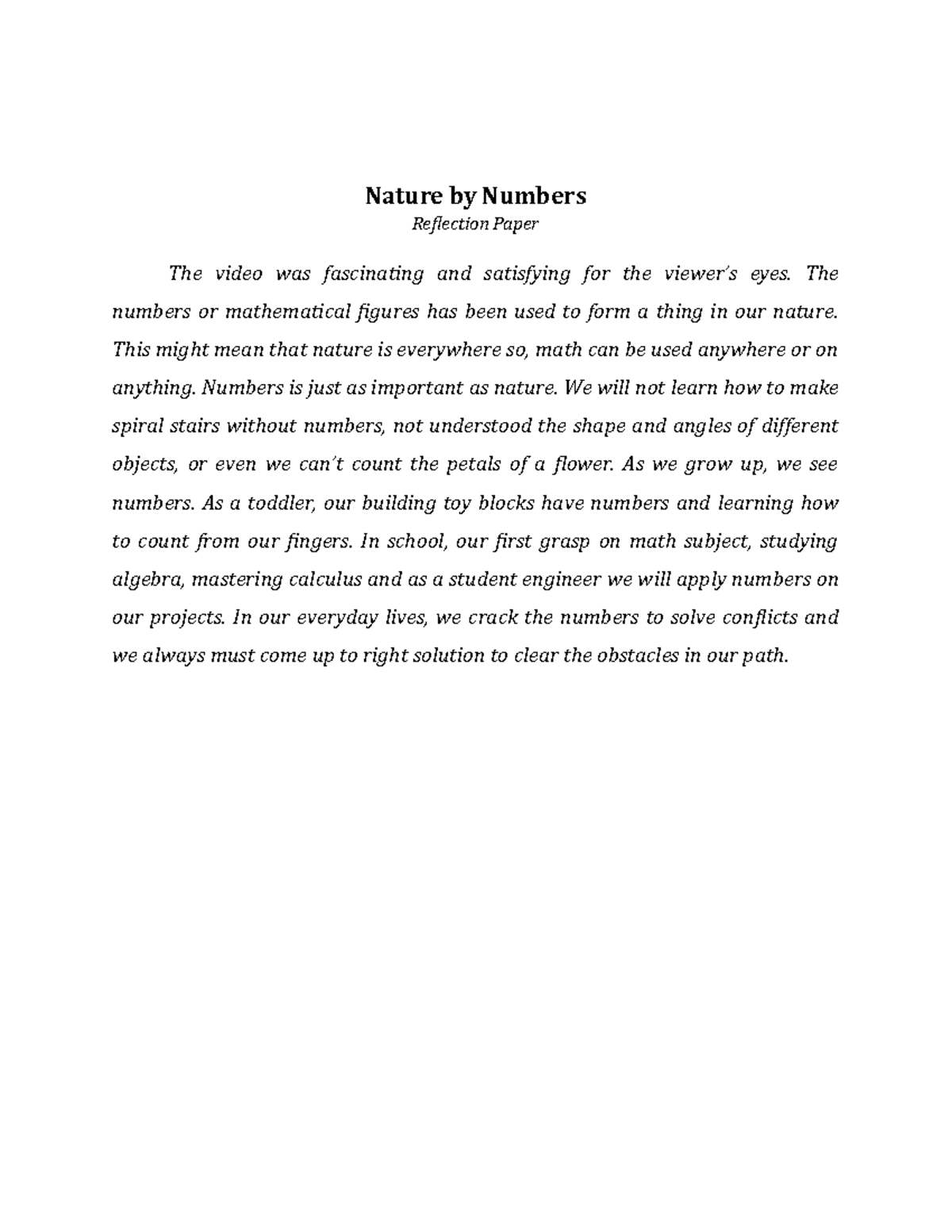 nature by numbers reflection essay