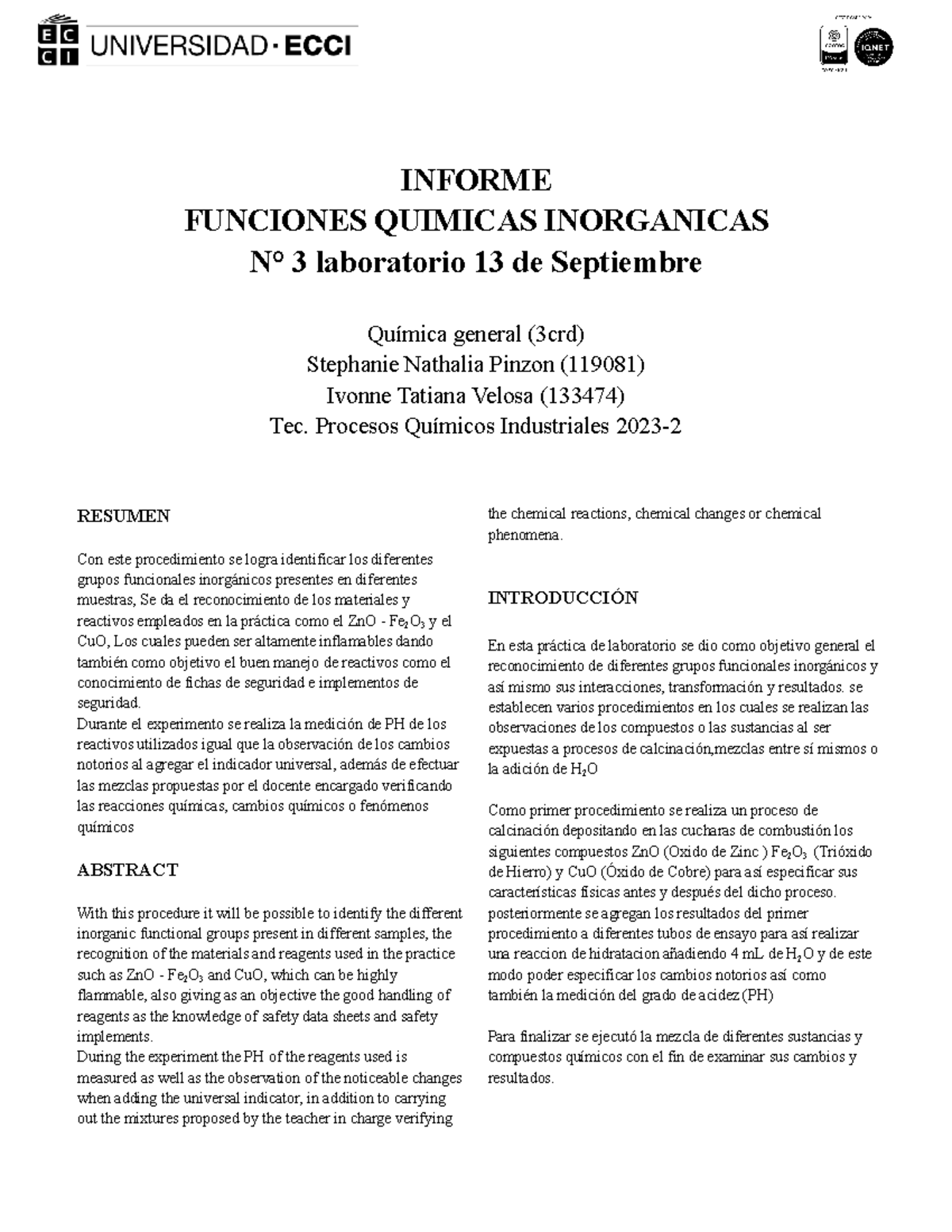 Informe De Laboratorio Quimica Informe Funciones Quimicas Inorganicas