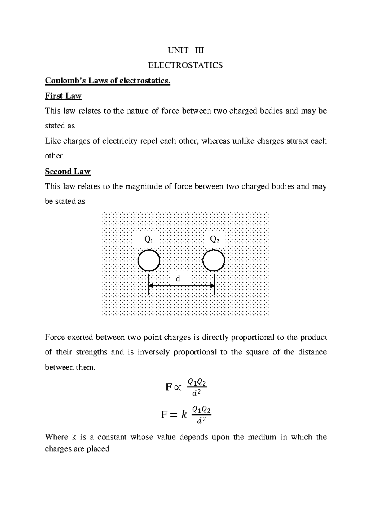 Basic Electrical Module III lecture notes UNIT III ELECTROSTATICS
