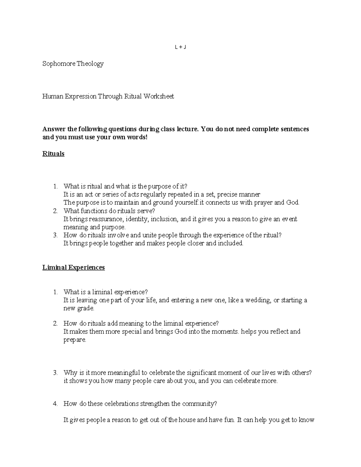 Human Expression Through Ritual Worksheet - L + J Sophomore Theology ...