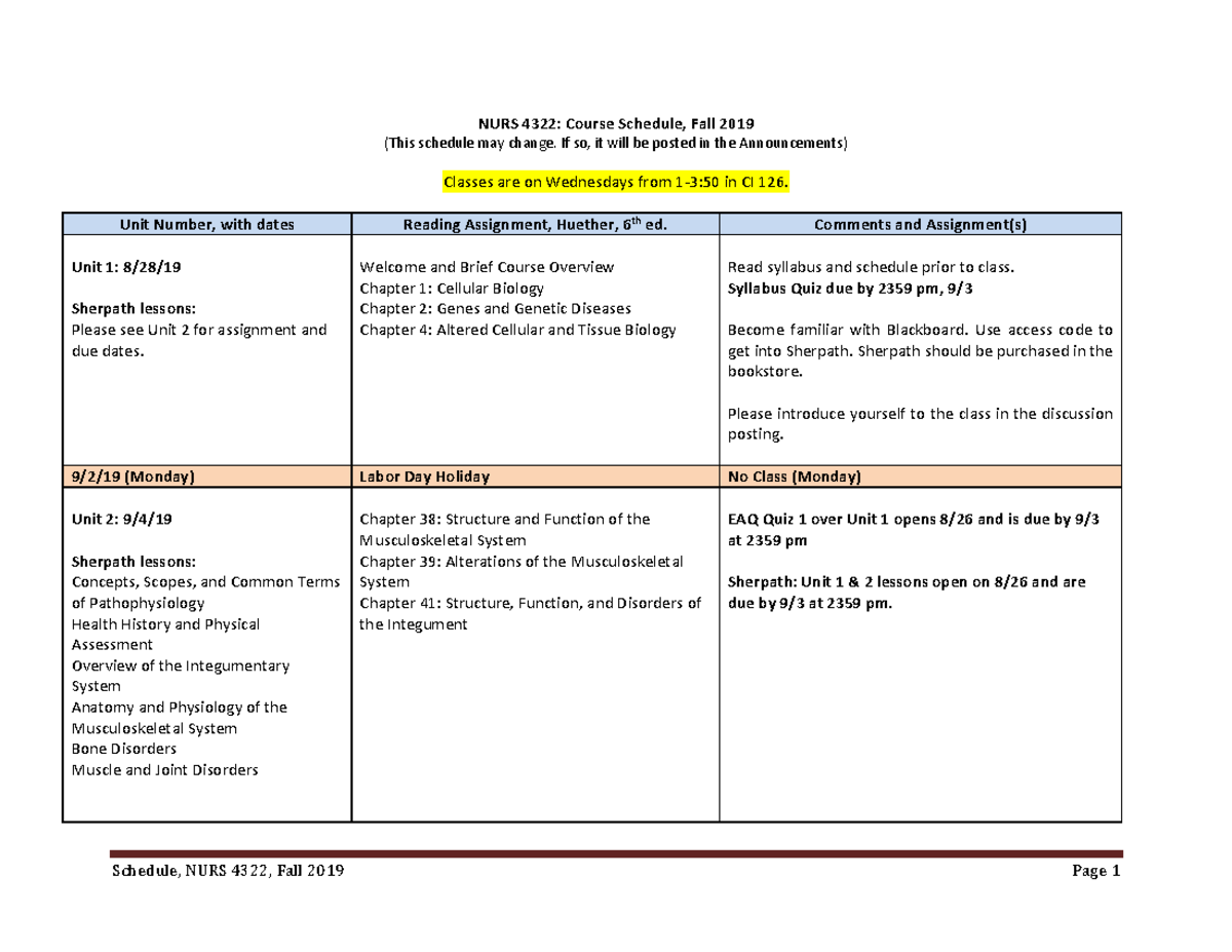 Health alt Schedule Fall 2019 - NURS 4322 - TAMUCC - StuDocu