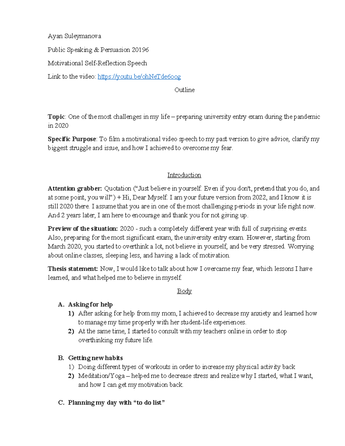 Motivational self-reflection Outline - Ayan Suleymanova Public Speaking ...