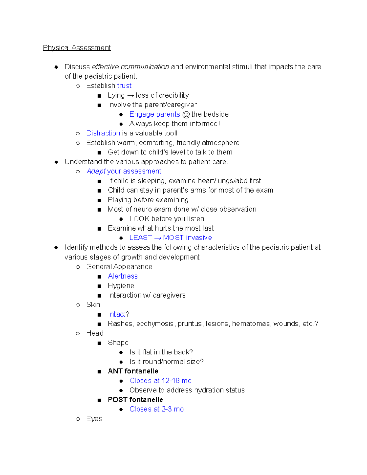 PEDS Lecture EXAM 1 - Study guide - Physical Assessment Discuss ...