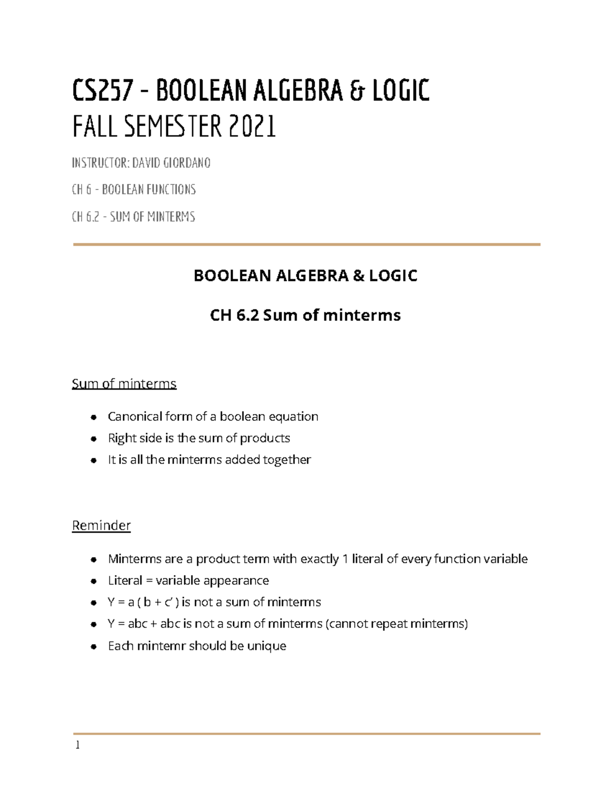 2021-boolean Algebra & Logic-chapter Notes 6 - CS257 - OCC - Studocu