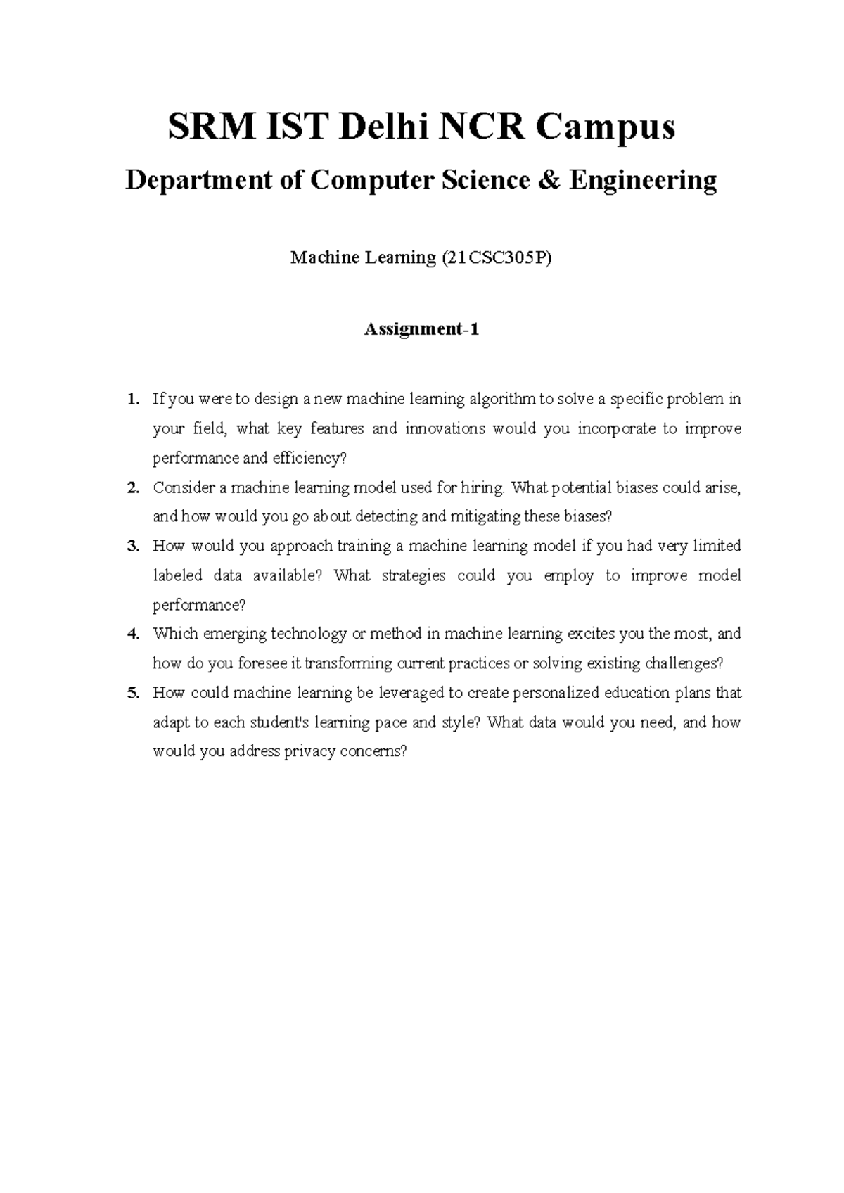 Assignment-1 - ...... - SRM IST Delhi NCR Campus Department of Computer ...