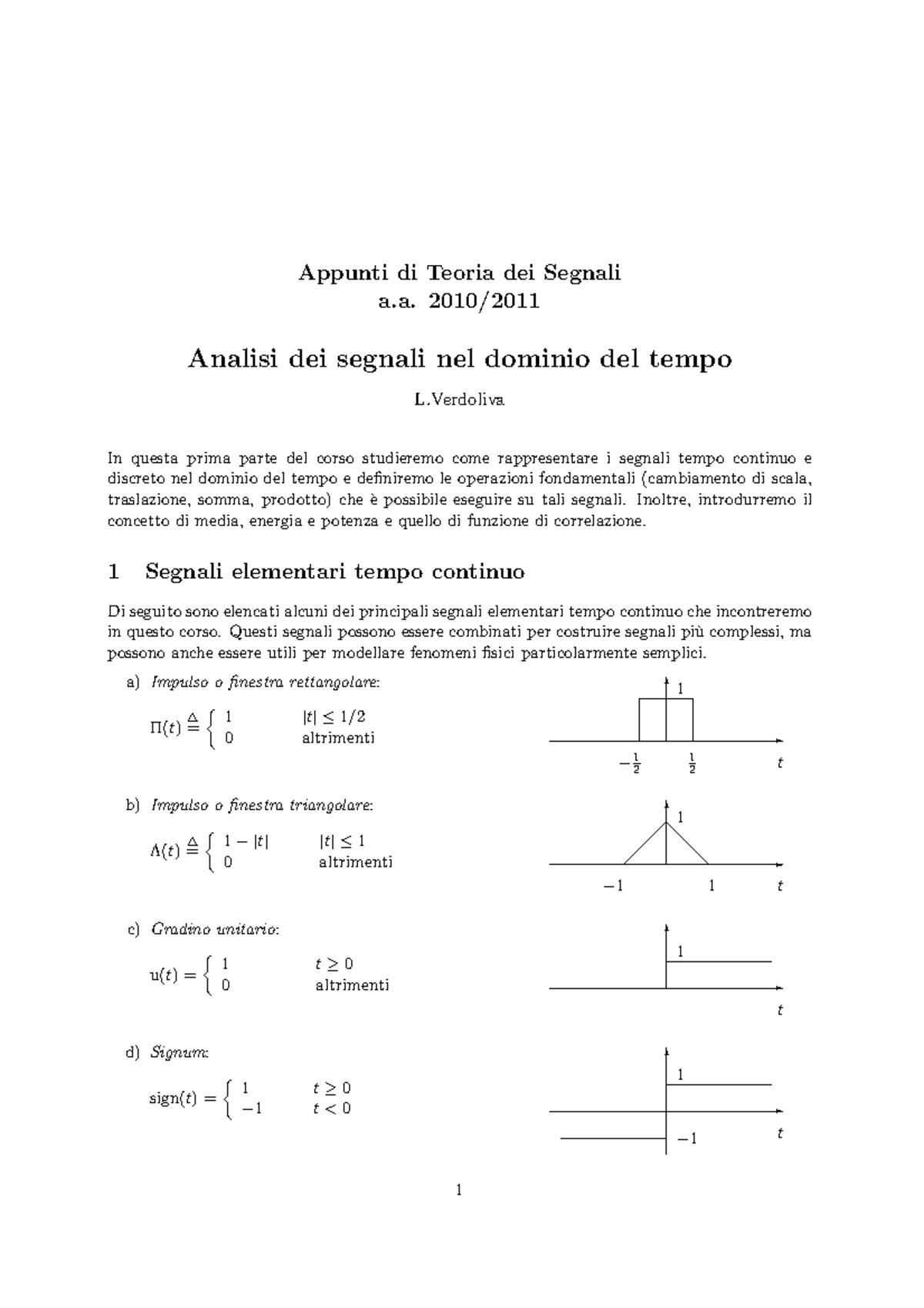 Appunti 01 Teoria dei Segnali Analisi dei segnali nel dominio del