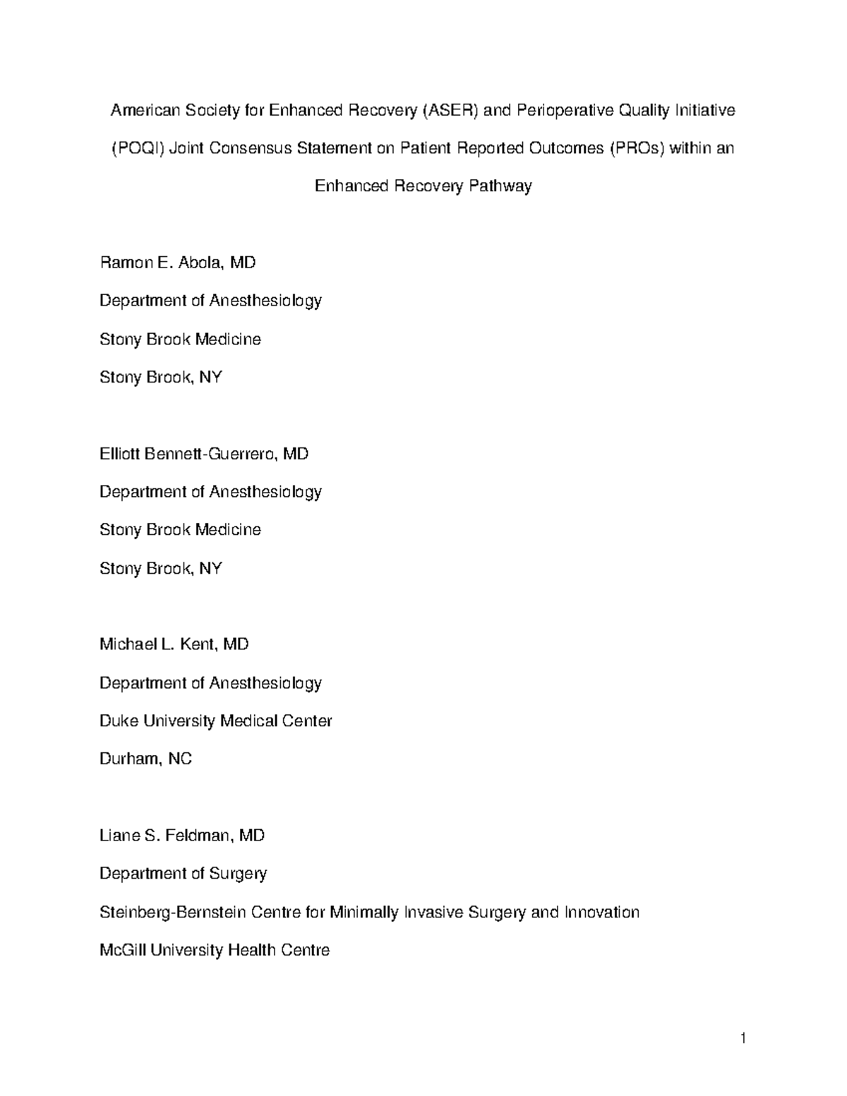Mythen American Society for Enhanced Recovery (ASER) and Perioperative ...