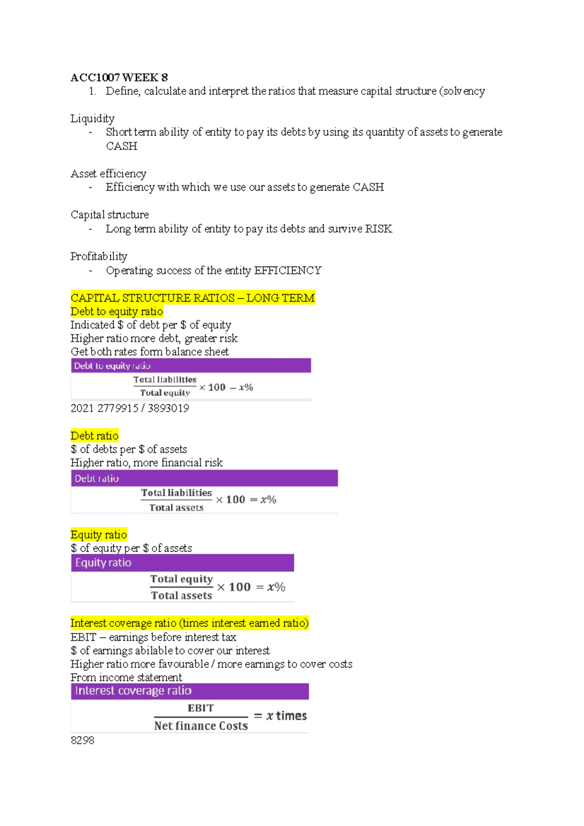 ACC1007 WEEK 8 - Notes - ACC1007 WEEK 8 Define, calculate and interpret ...