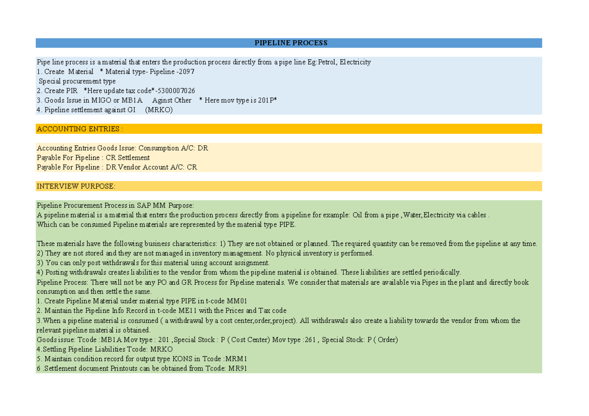 Pipeline SAP MM PIPELINE PROCESS Pipe line process is a material