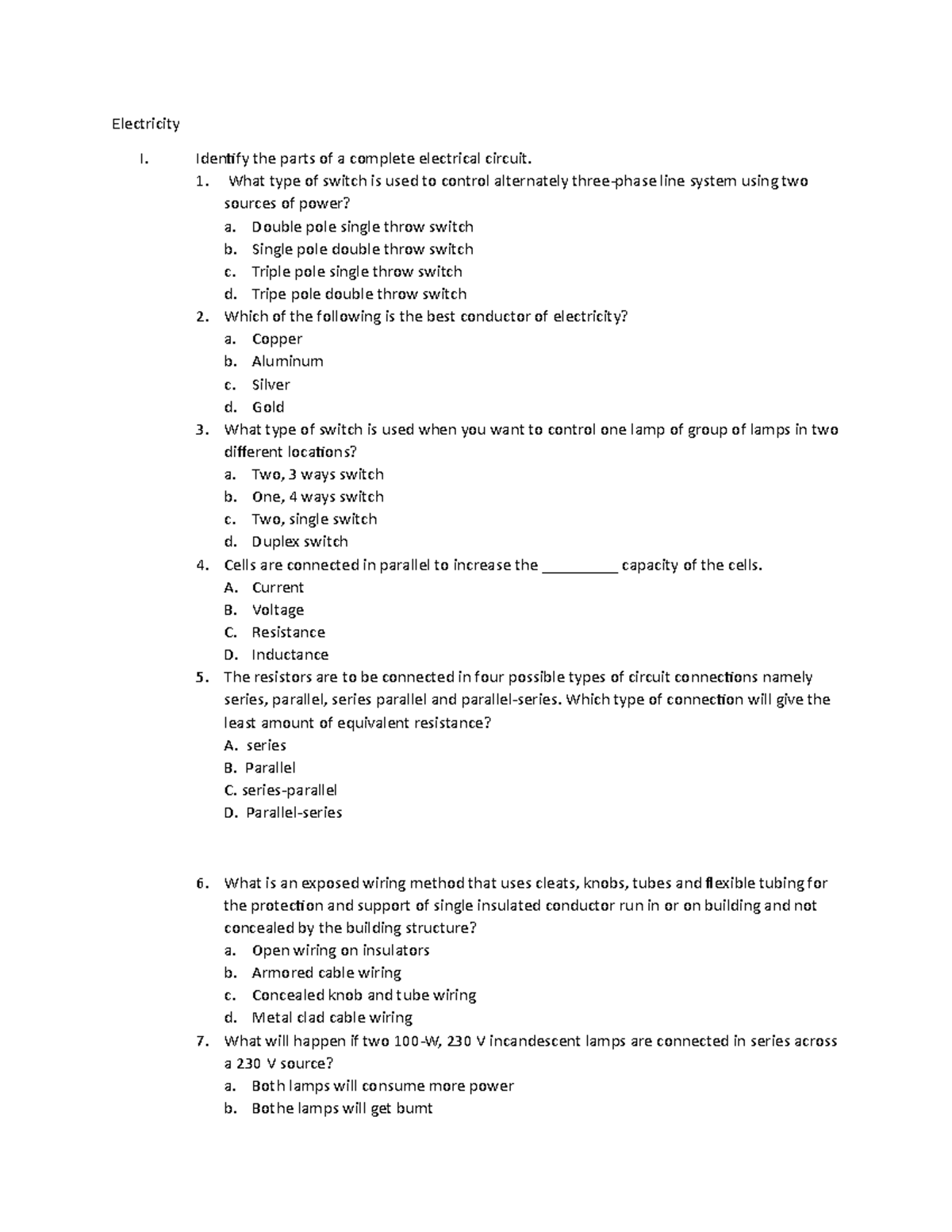 Electricity exam - Very useful - Electricity I. Identify the parts of a ...