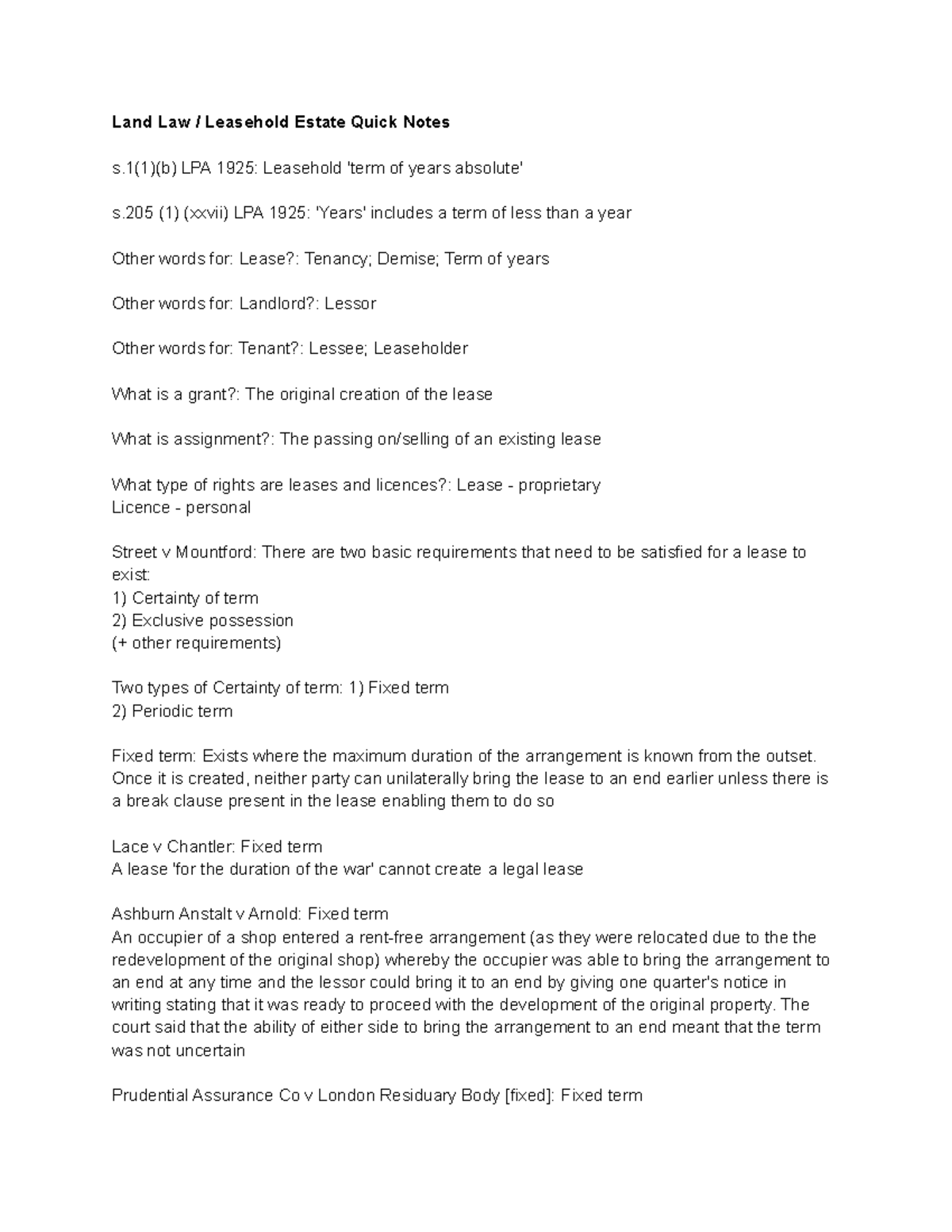 Land Law Leasehold Estate Quick Notes - Land Law / Leasehold Estate ...