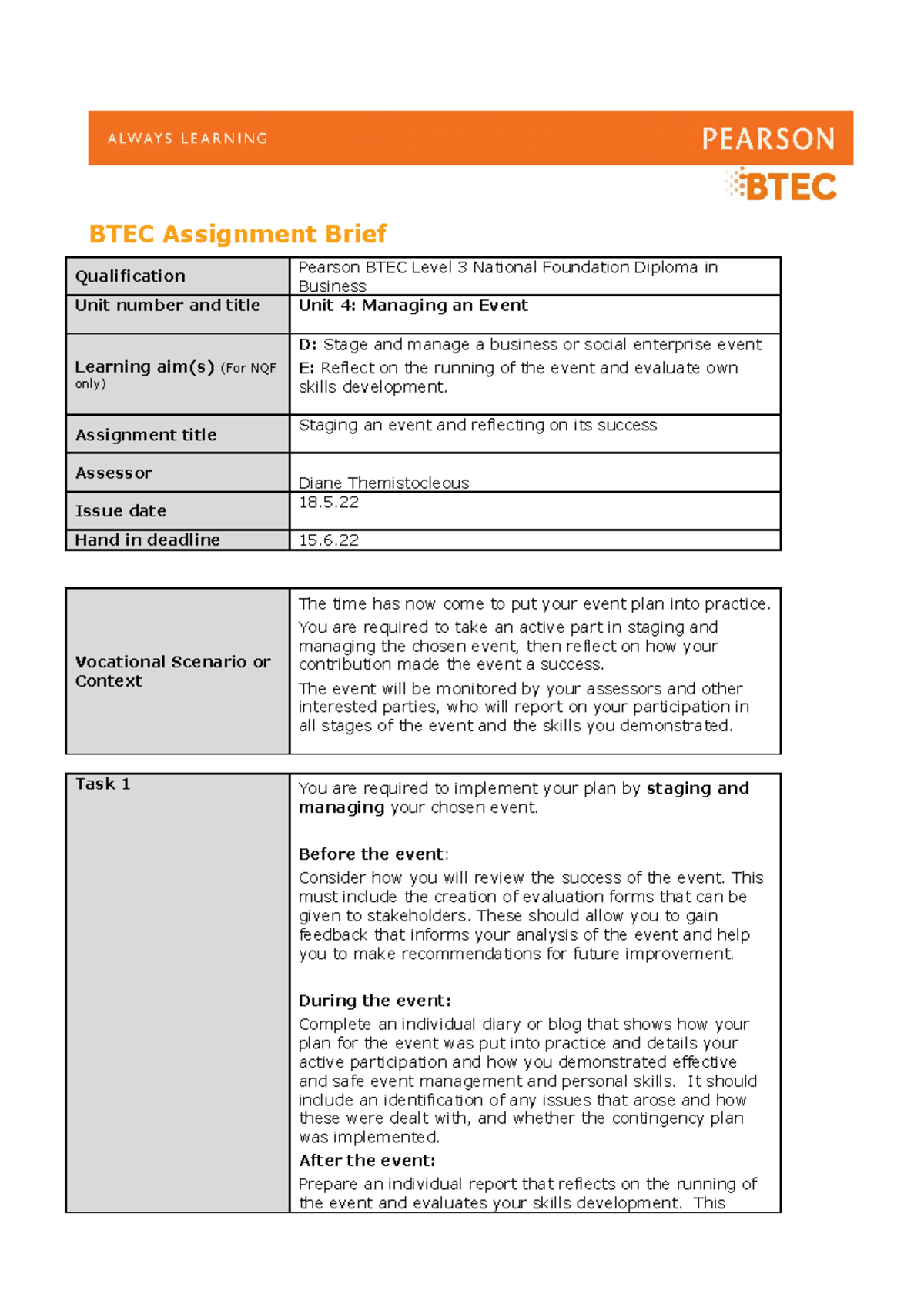 Unit 4 Event Planning Assignment 3 Assignment Brief - BTEC Assignment ...