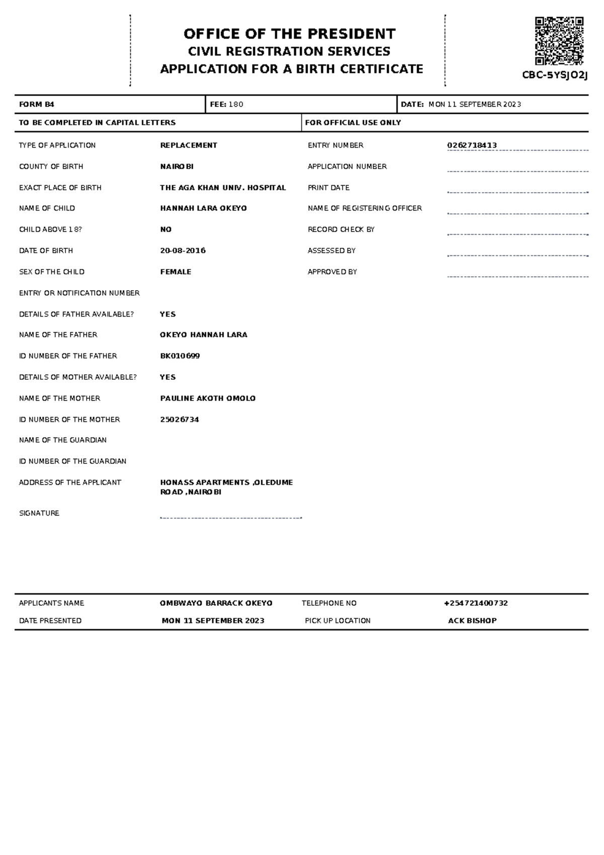 CBC-5YSJO2J-B4 Formxxxxxx - OFFICE OF THE PRESIDENT CIVIL REGISTRATION ...