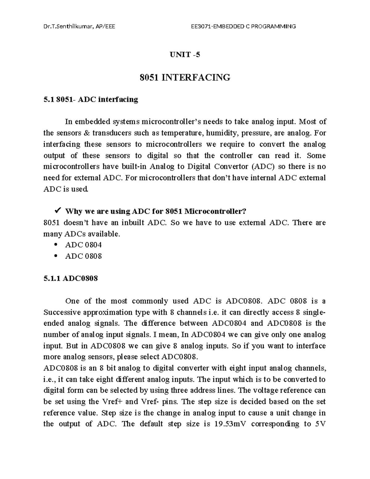 UNIT 5- 8051 Interfacing - UNIT - 8051 INTERFACING 5 8051- ADC ...