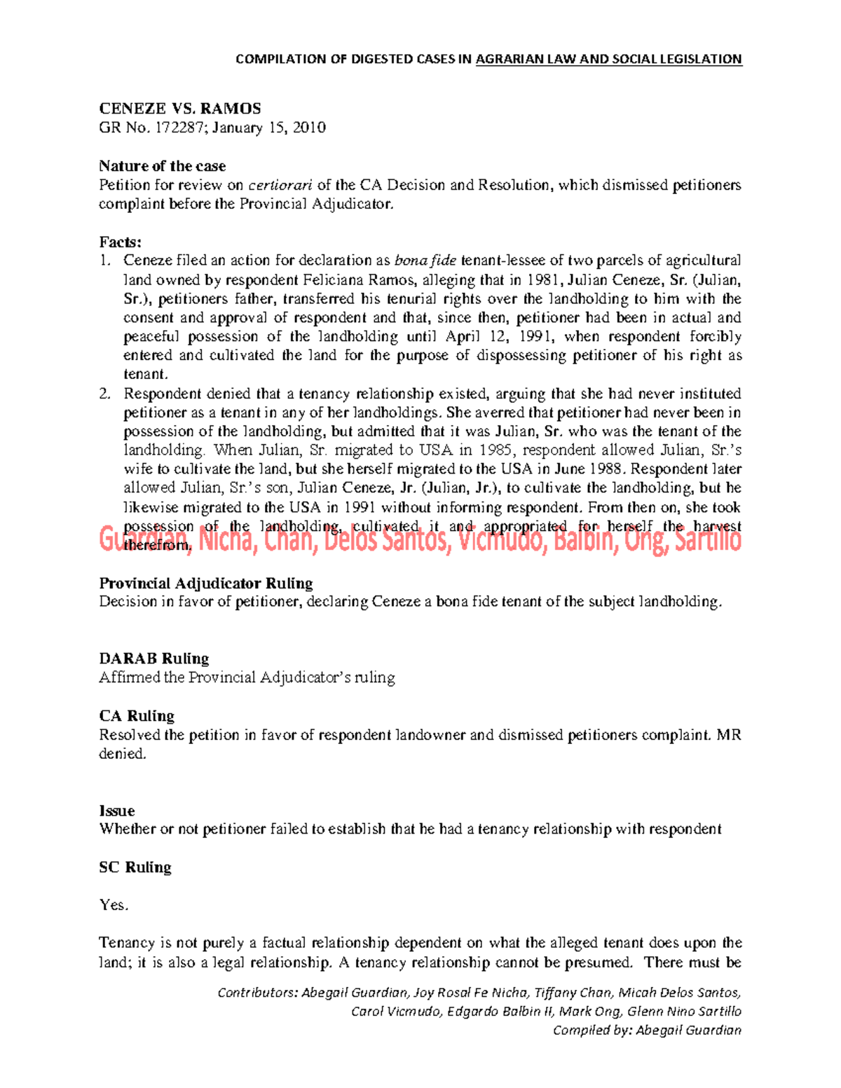 Compilation of Digested Cases in Agrarian Law and Social Legislation ...