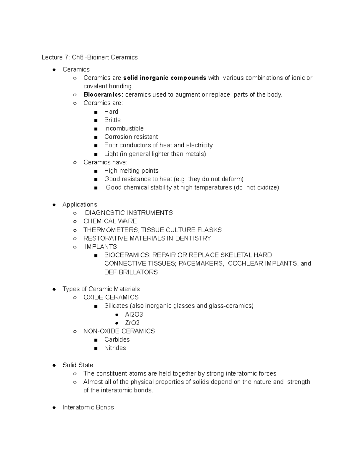 Bioinert Ceramics - Lecture 7: Ch6 -Bioinert Ceramics Ceramics Ceramics ...