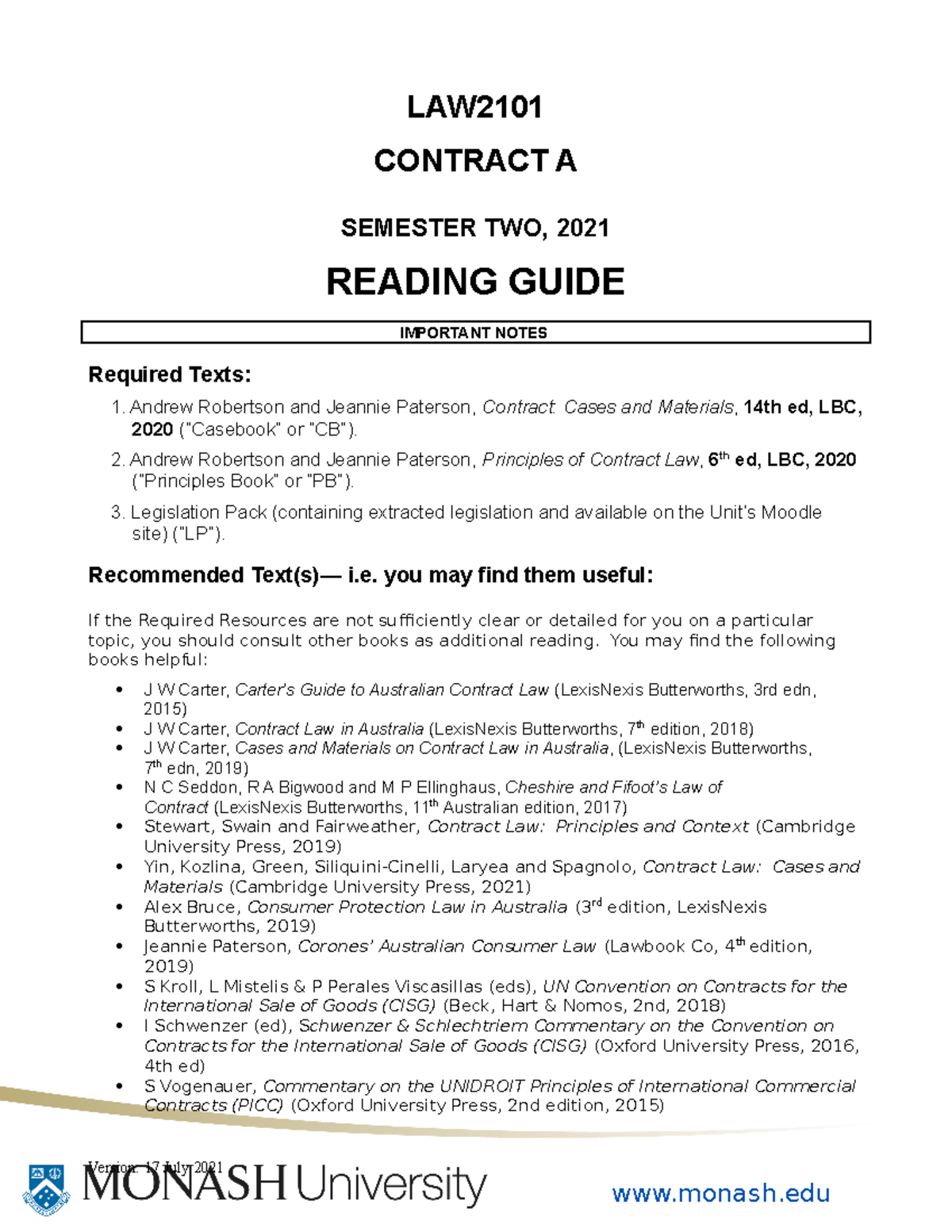 LAW2101 S2 2021 - Reading Guide - monash LAW CONTRACT A SEMESTER TWO, 2021  READING GUIDE IMPORTANT - StuDocu