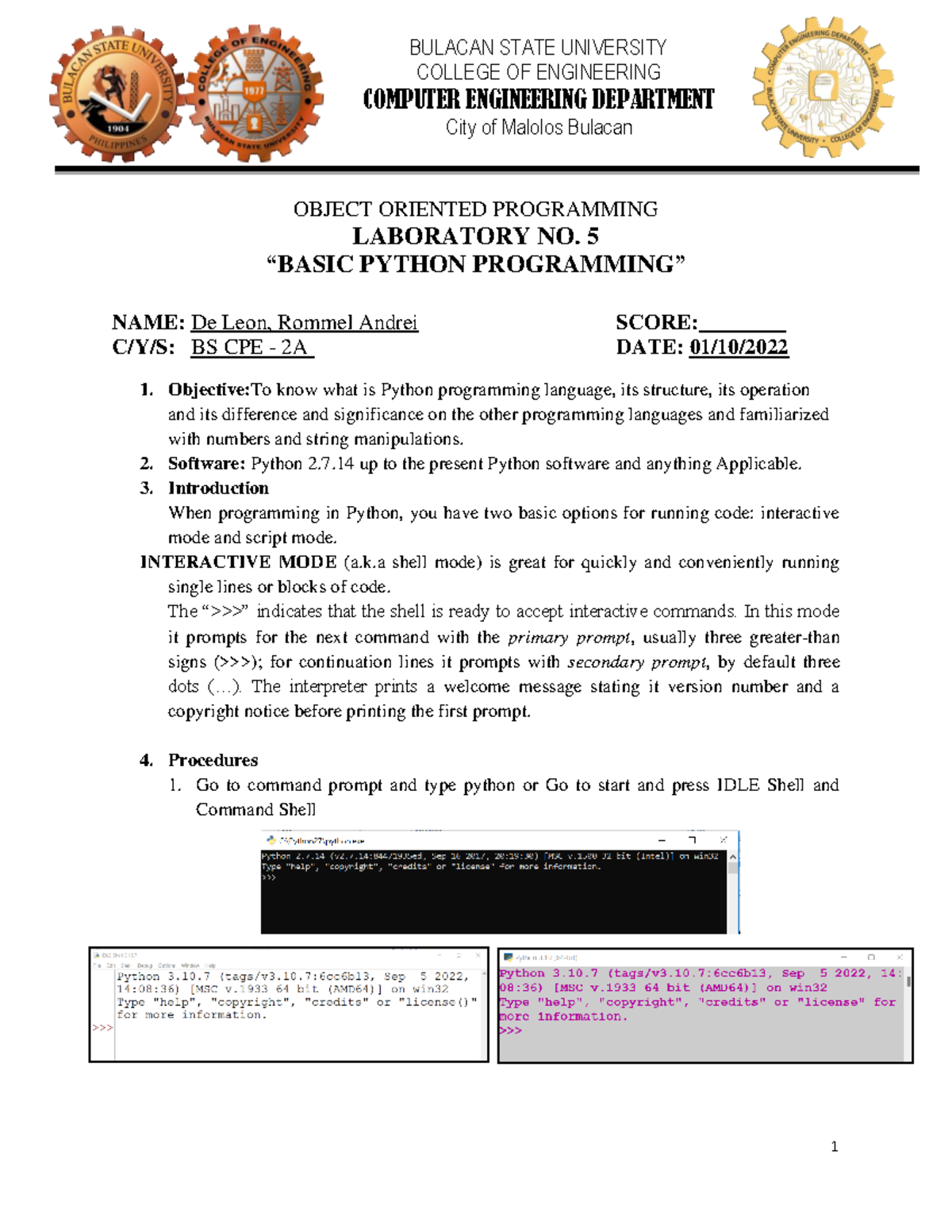 TheActivity122334 - OBJECT ORIENTED PROGRAMMING LABORATORY NO. 5 “BASIC ...