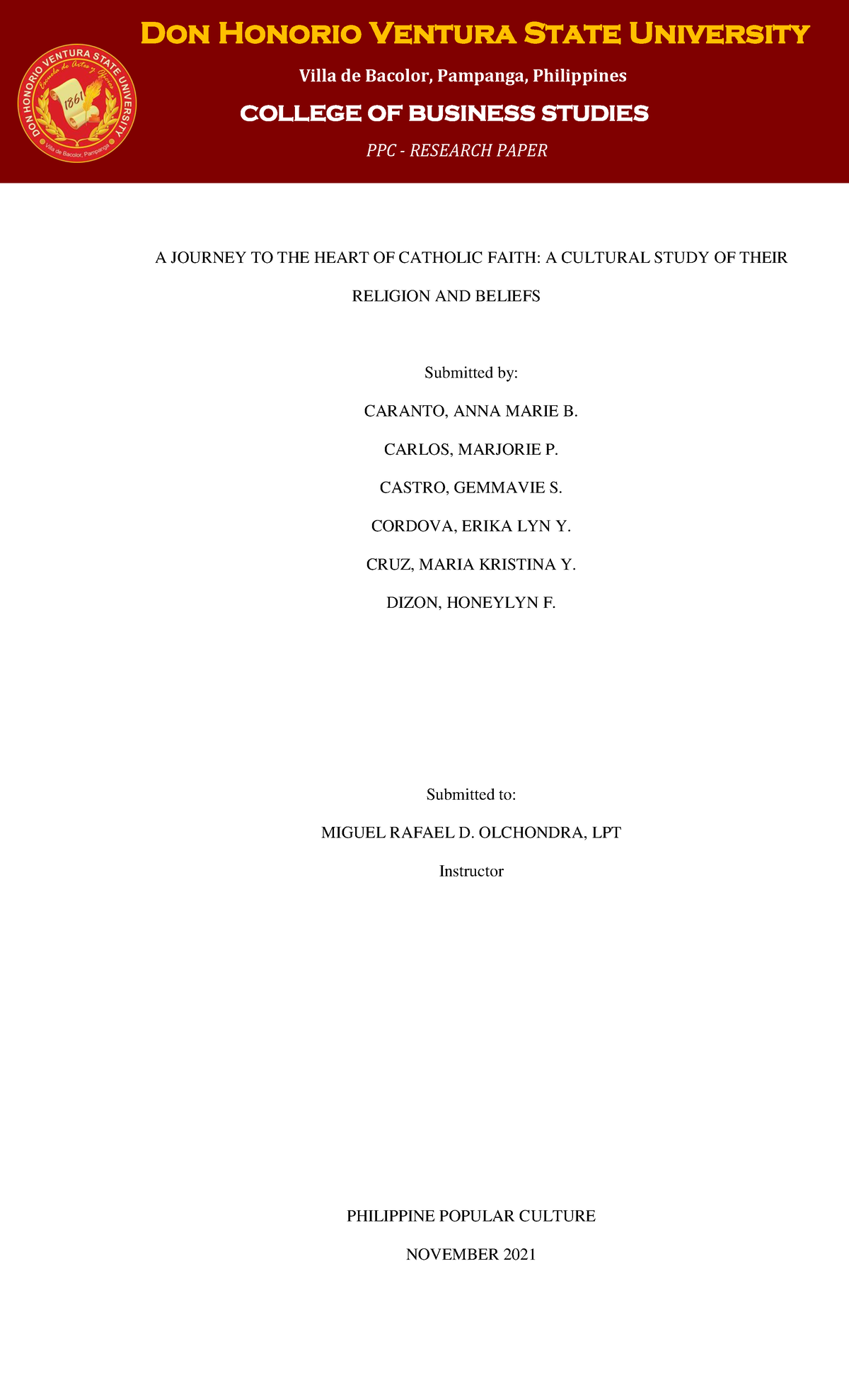 Research Paper Group 1 Religion - COLLEGE OF BUSINESS STUDIES Villa de ...