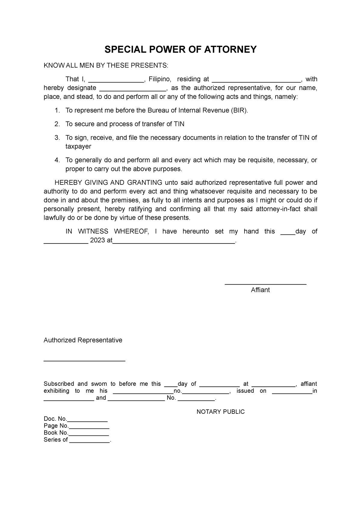 SPECIAL POWER OF ATTORNEY - To represent me before the Bureau of ...