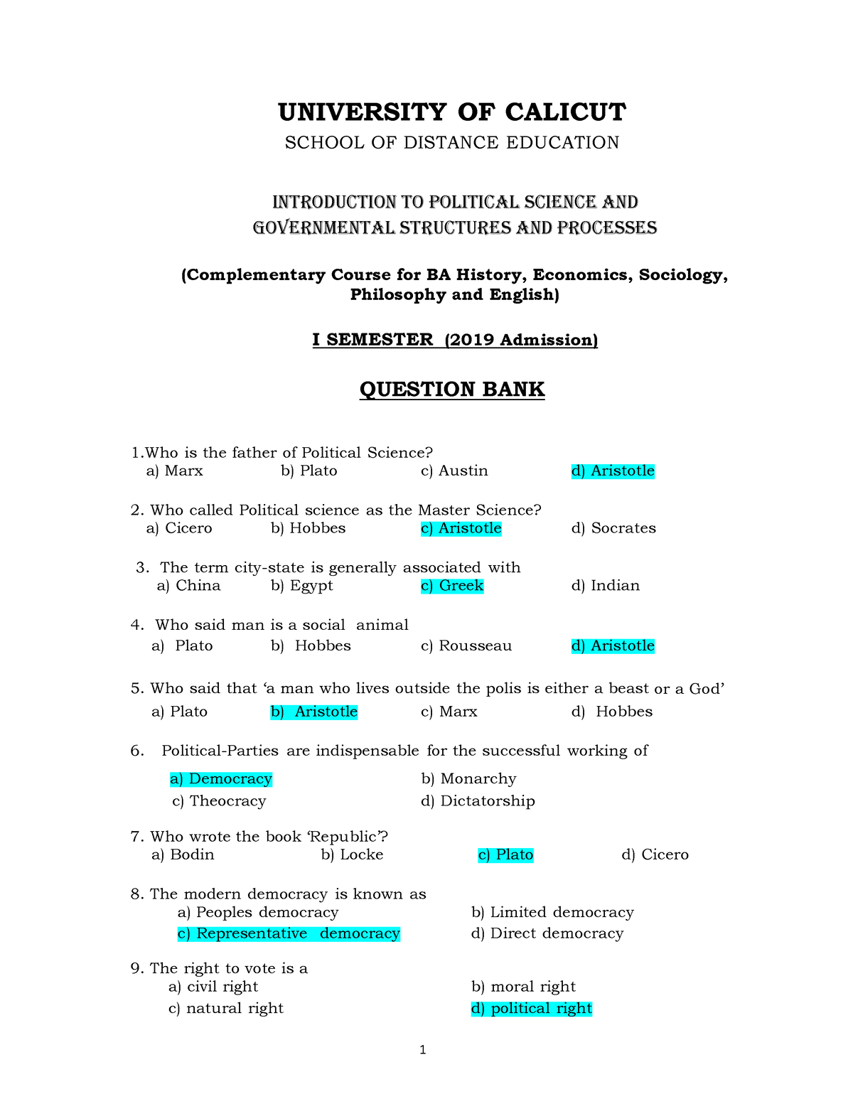 Introduction to Political Science MCQ Highlighted UNIVERSITY OF